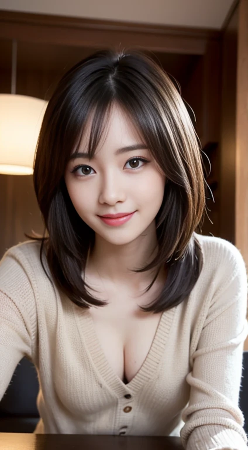 Tabletop, highest quality, figure, Very detailed, In detail, High resolution, 8k wallpaper, Perfect dynamic composition, Beautiful fine details, Winter casual wear,Medium Hair,Small Breasts Natural Color Lip, Bold sexy pose,smile,Harajuku、20-year-old girl、cute、sexy shot looking at camera