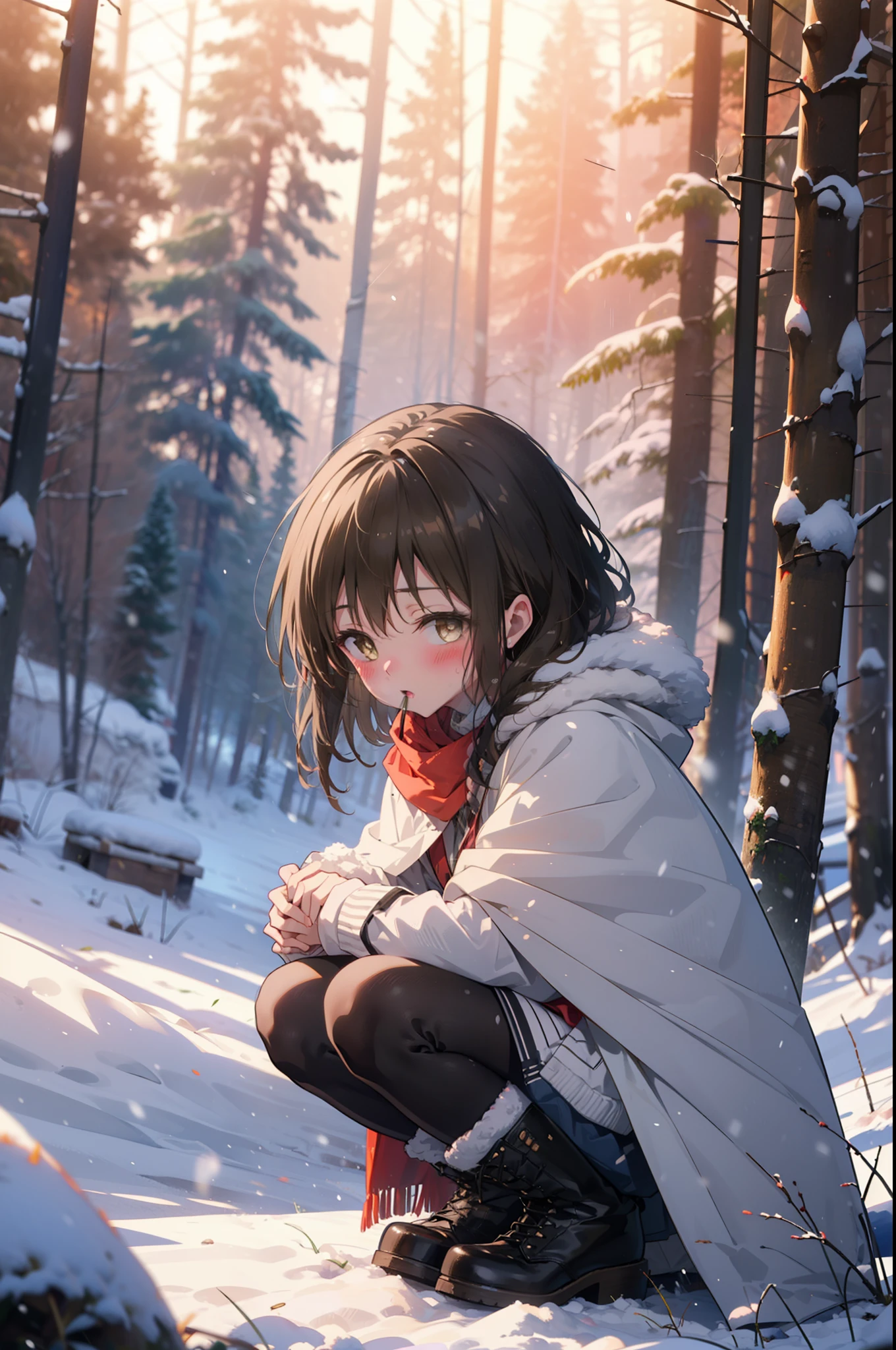 yuikotegawa, Yui Kotegawa, Black Hair, (Brown eyes:1.5),blush,White Breath,
Open your mouth,snow,Ground bonfire, Outdoor, boots, snowing, From the side, wood, suitcase, Cape, Blurred, having meal, forest, White handbag, nature,  Squat, Mouth closed, Cape, winter, Written boundary depth, Black shoes, red Cape break looking at viewer, Upper Body, whole body, break Outdoor, forest, nature, break (masterpiece:1.2), highest quality, High resolution, unity 8k wallpaper, (shape:0.8), (Beautiful and beautiful eyes:1.6), Highly detailed face, Perfect lighting, Extremely detailed CG, (Perfect hands, Perfect Anatomy),