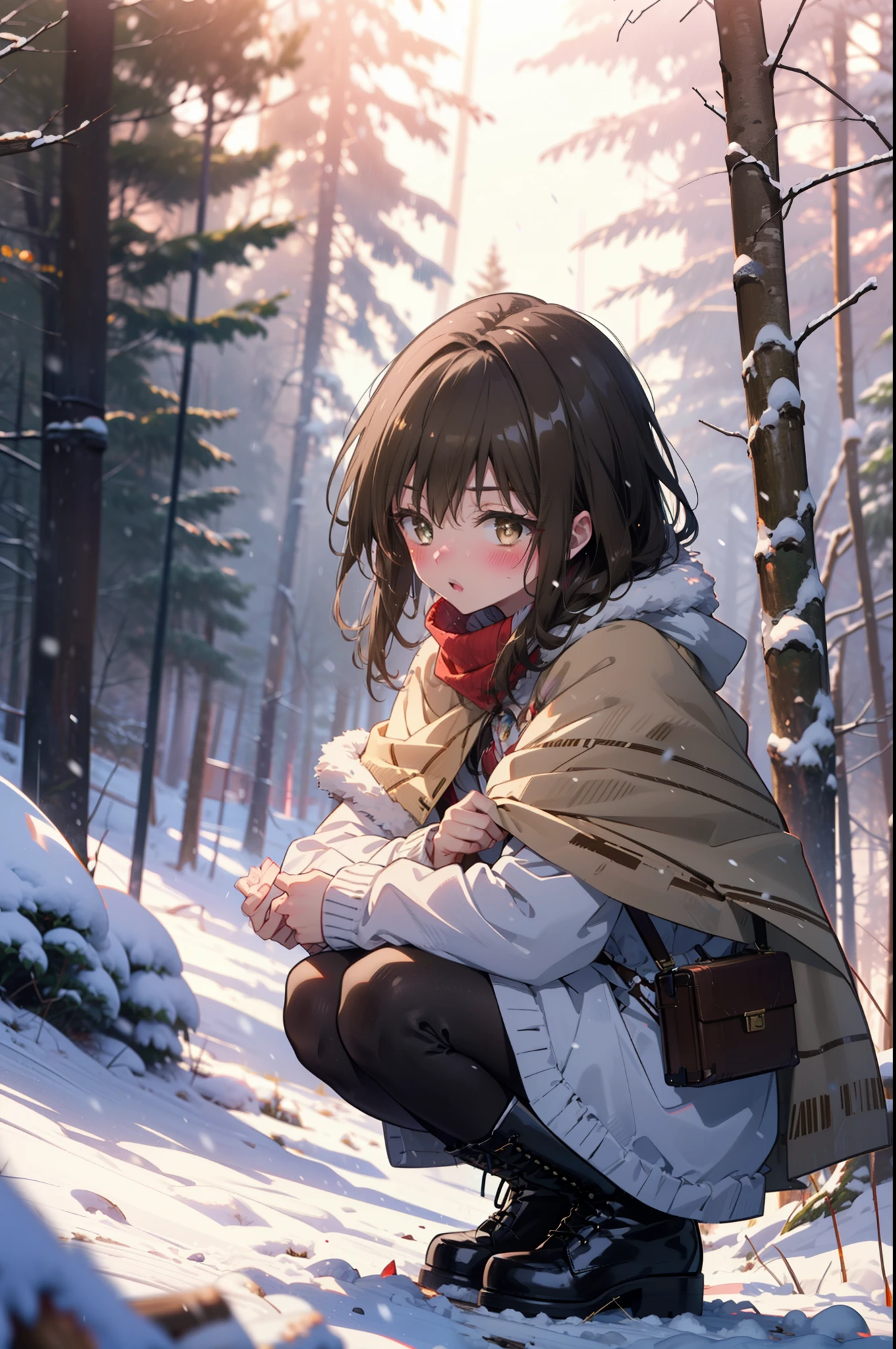 yuikotegawa, Yui Kotegawa, Black Hair, (Brown eyes:1.5),blush,White Breath,
Open your mouth,snow,Ground bonfire, Outdoor, boots, snowing, From the side, wood, suitcase, Cape, Blurred, having meal, forest, White handbag, nature,  Squat, Mouth closed, Cape, winter, Written boundary depth, Black shoes, red Cape break looking at viewer, Upper Body, whole body, break Outdoor, forest, nature, break (masterpiece:1.2), highest quality, High resolution, unity 8k wallpaper, (shape:0.8), (Beautiful and beautiful eyes:1.6), Highly detailed face, Perfect lighting, Extremely detailed CG, (Perfect hands, Perfect Anatomy),