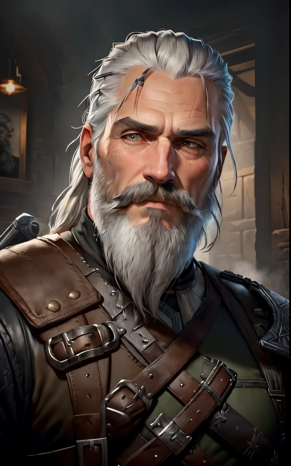 there is a man with a beard and a moustache holding a gun, portrait of geralt of rivia, painted portrait of rugged odin, geralt, greybeard, geralt of rivia, painted portrait of rugged zeus, portrait of kratos, portrait of rugged zeus, portrait zeus, inspired by senior character artist, old gigachad with grey beard