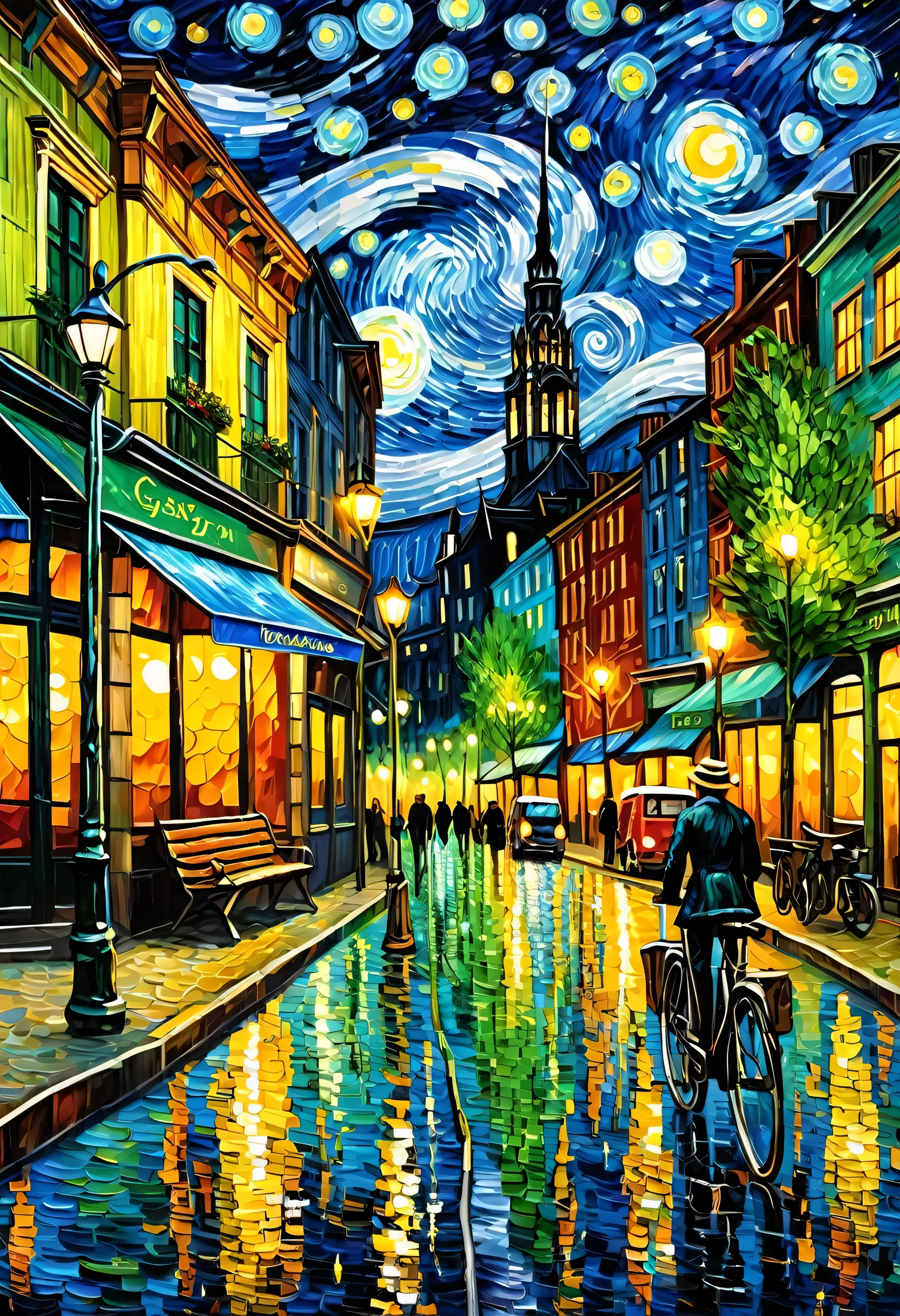 Starry sky，Night city，van gogh，painting，high quality