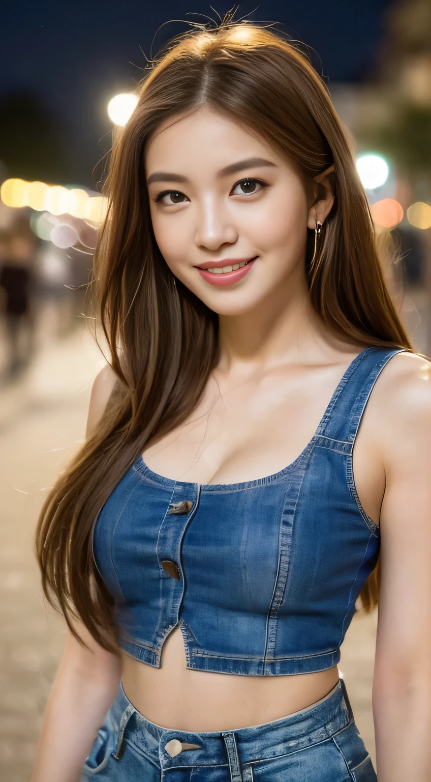 ((Realistic lighting, highest quality, 8k, masterpiece: 1.3)), concentrated: 1.2, One girl, Perfect figure: 1.4, Slim Abs: 1.1, ((Light Brown Hair,whole body)), (Street fashion: 1.4), (Outdoor, night: 1.1), street, Very beautiful face, Beautiful Eyes, double eyelid,Dimples,A kind smile,