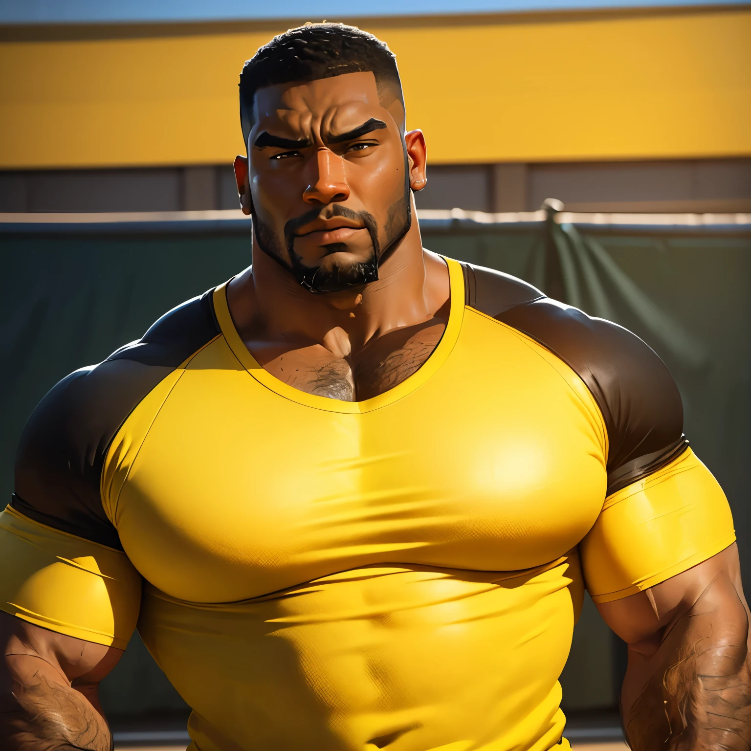 an exaggeratedly muscular and large bodyguard, beefy build, beard, dark-skinned african american male, buzzcut hair with square line, (sad expression: 1.2), (wearing yellow raglan shirt: 1.2), (shirt showing midriff:1.1), school logo on shirt, (bara pecs: 1.3), (arm and chest hair: 1.1), close-up portrait HD, (cowboy angle), (sports field)