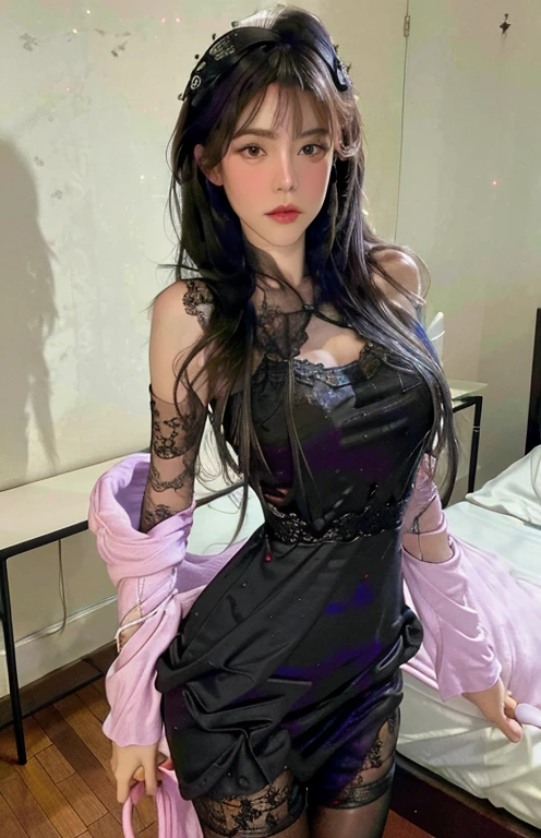 Best quality, masterpiece, ultra high res, (photorealistic:1.4), raw photo, 1girl, ((black lace nightgown)), ((small breast)), cold light