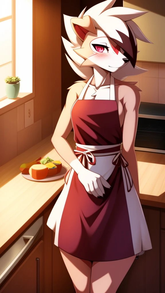 Lycanroc,furry,Bust 87,Waist 57,Thigh 86,Good resolution,kitchen,Apron set,ท่าJack-o crouch,Good light and shadow details,shade,sexy body,blushing