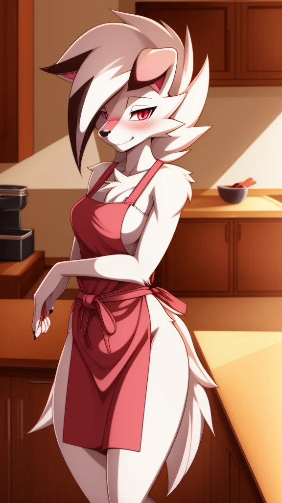 Lycanroc,furry,Bust 87,Waist 57,Thigh 86,Good resolution,kitchen,Apron set,ท่าJack-o crouch,Good light and shadow details,shade,sexy body,blushing