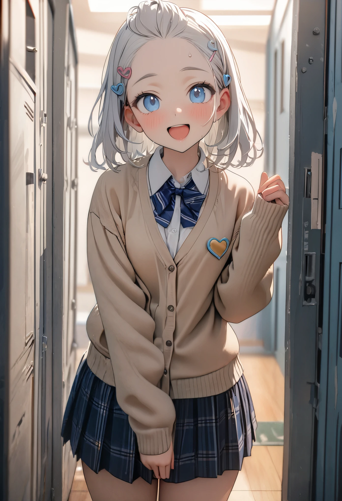 (8K, best quality, master piece: 1.2), super high resolution,14yo,1 cute girl,ultra-detailed face,detailed eyes,smile,slightly open mouth,white hair,heart shaped hairpin,ribbon shaped hairpin,pompadour,showing the forehead,blue eyes, cardigan, navy skirt in plaid skirt, High School,Locker room