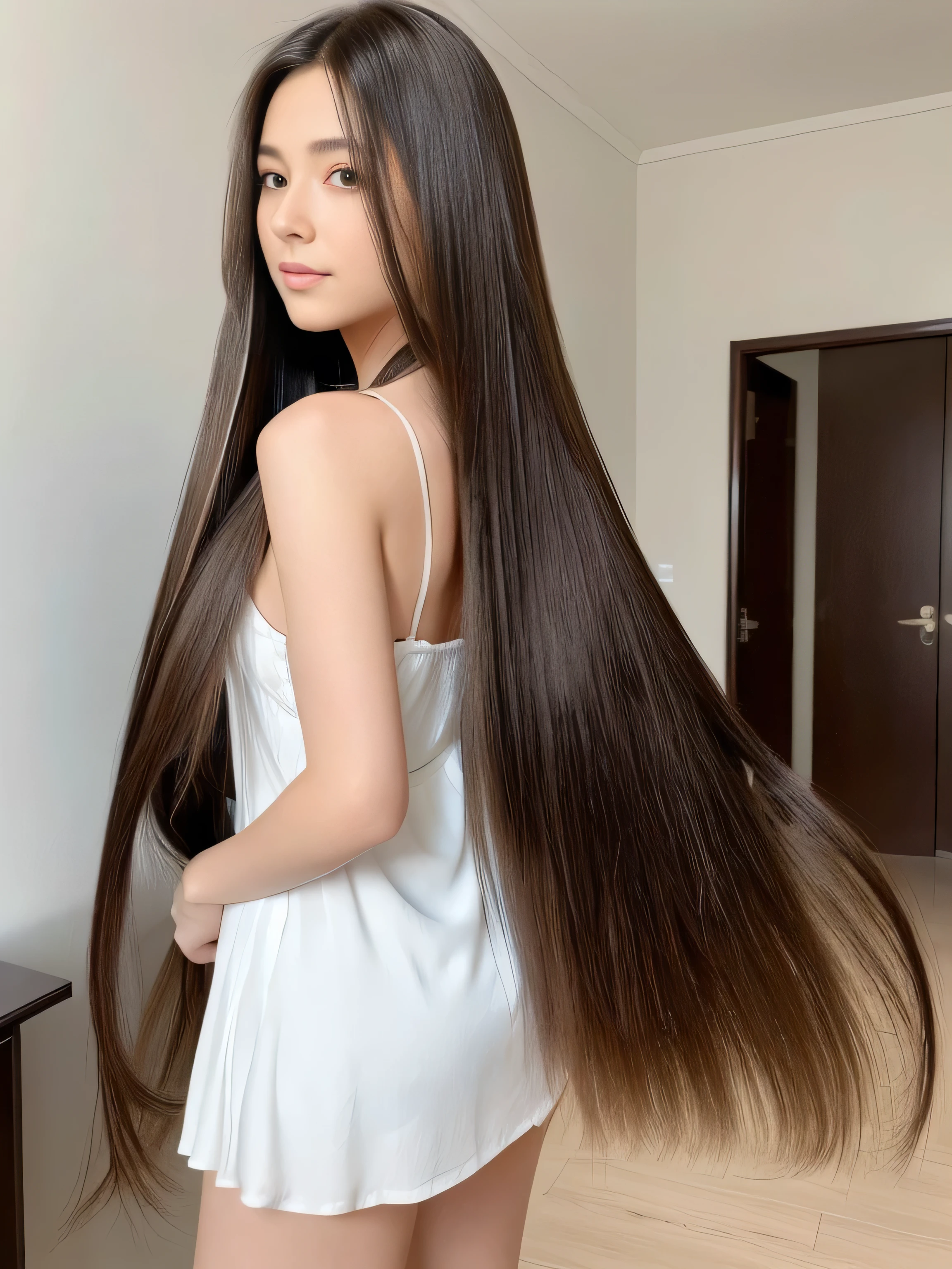 (Upper Body Shot:1.1) (She is in a random standing pose, showing off her back and hair to the viewer, in a room with white walls and white decor) ((highest quality)), ((masterpiece)), (Familiar), (Get used to it) (Reaches up to the kneeVery long hair highest quality Highest detail Reaches up to the knee、Very long hair that lasts forever:1.3 Flowing Hair 私ncredibly straight hair Very shiny and thick hair Abnormally long hair that lasts forever Flowing Hair on both ends long hair up to the knees:1.2 long hair up to the knees:1.2 Thick and shiny hair Very free hair Abnormally long hair!!!!! Beautiful silky hair Beautiful and shiny hair Beautiful and shiny hair Beautiful silky hair Hair that grows to the knees Very very, Very long hair!!!!! Very very, Very long hair!!!!!) (highest quality The best ultra-fine Reaches up to the knee、Very long hair that lasts forever Flowing Hair Her hair is gently permed Very shiny and thick hair Abnormally long hair that lasts forever Flowing Hair on both ends long hair up to the knees:1.2 long hair up to the knees:1.2 Thick and shiny hair Very free hair Abnormally long hair!!!!! Beautiful silky hair Super long hair down to the knees Beautiful and shiny hair Beautiful and shiny hair Beautiful silky hair Hair that grows to the knees Very very, Very long hair!!!!! Very very, Very long hair!!!!!) (She is the most beautiful 18-year-old hair model in Japan.....) Perfect Woman'face (She has a typical Japanese build and skin color..., Her skin is very high quality and ultra high definition.、very beautiful and glowing skin) (Large Breasts) (Her face is dignified and sexy)(She achieved her sexy look with the help of a professional makeup artist.。... Lipstick is natural red The eyeliner is a beautiful black) (her hair is black, light brown, blonde, Red-brown, Dark Green, or dark blue..) (Surreal photos by professional photographers :1.2) (She is wearing a beautiful blue silk camisole dress. :1.2) ((Her bangs are completely cut off.)) (She has a typical Japanese build and skin color Her skin is very delicate and sensitive..、and、Such beautiful and radiant skin) (Her face is long, Small eyes and nose.、Narrow-mouthed and the most beautiful) (Japanese Solo Photos'The most beautiful 28 year old women) ((Rich 1.4)) (Extremely detailed 8K) (Ultra-fine skin texture 1.4) (Actual, Vibrant:1.4), Sharp focus:1.2、Beautiful woman:1.4 Dynamic Lighting (Genuine RAW photos taken by professional photographers) very beautiful and glowing skin) (Excessive breasts) (Her face is long, Eyes and nose) Lipstick is natural red The eyeliner is a beautiful black) (her hair is deep black) (Surreal photos by professional photographers :1.2)