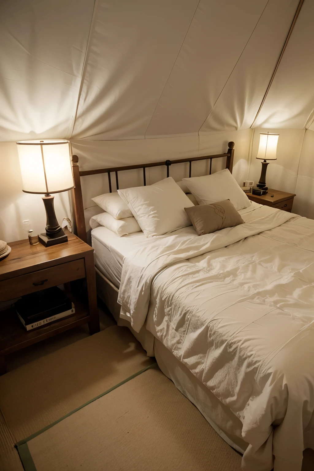 Create a realistic interior image of a glamping tent designed with a Japanese Zen aesthetic. Inside the tent, include one queen-size bed with simple, clean bedding in neutral colors. Above the bed, hang a cozy pendant light with a minimalist design.The overall ambiance should be calm and serene, inviting relaxation. The interior should harmoniously blend modern comfort with traditional Japanese elements. good lighting
