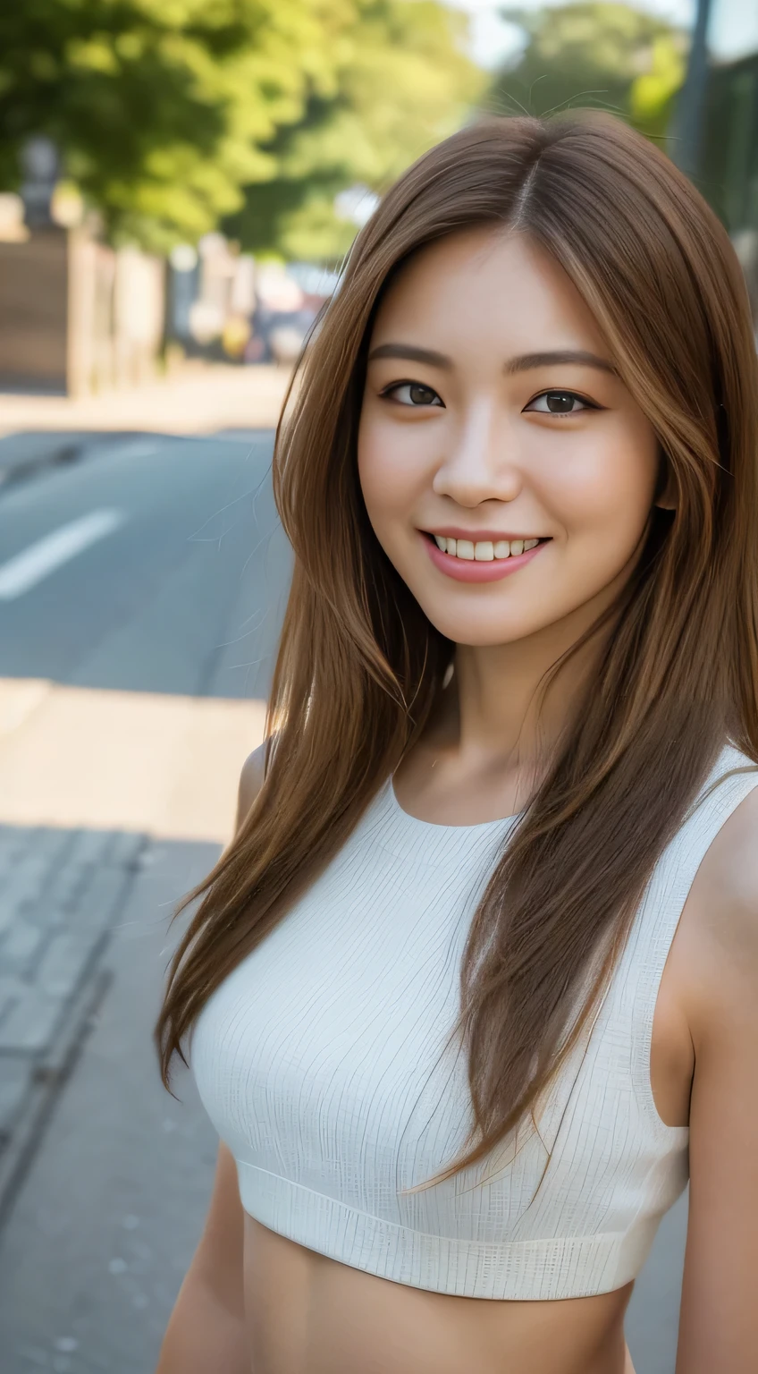 ((Realistic lighting, highest quality, 8k, masterpiece: 1.3)), concentrated: 1.2, One Japanese girl, Perfect figure: 1.4, Slim Abs: 1.1, ((Light Brown Hair,whole body)), (Street fashion: 1.4), (Outdoor, Magic Hour: 1.1), street, Very beautiful face, Beautiful Eyes, double eyelid,Dimples,A kind smile,