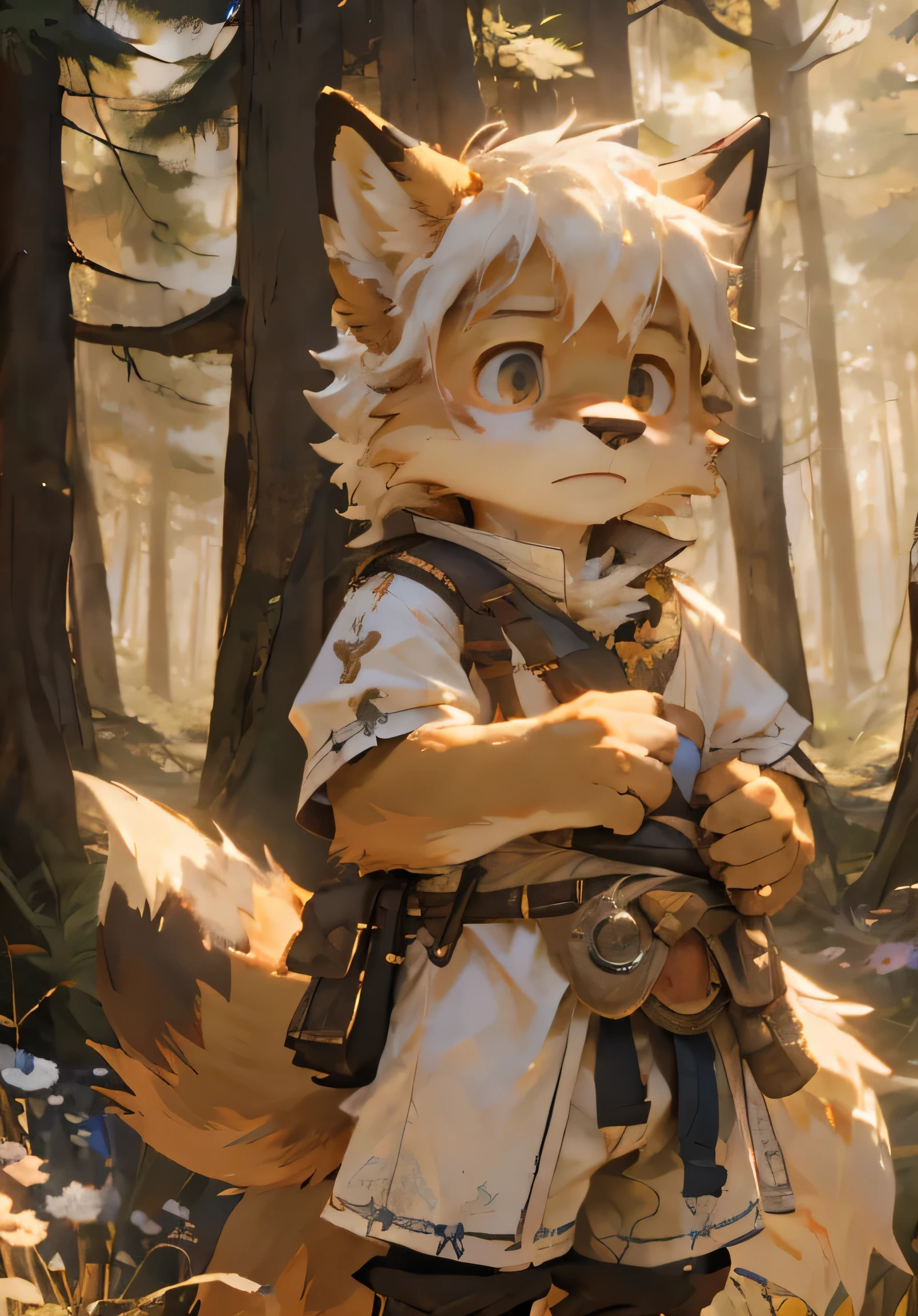 (masterpiece)，(Very detailed)，(best quality)，hairy，fox，Golden fur，white hair，Black pupil，(Adventurer's clothes)，((A wary expression))，Forest background，8k，(high quality)，(Ultra HD)，(Ultra Detailed)，（Young children），（Juvenile），Perfect sunshine，（Standing）