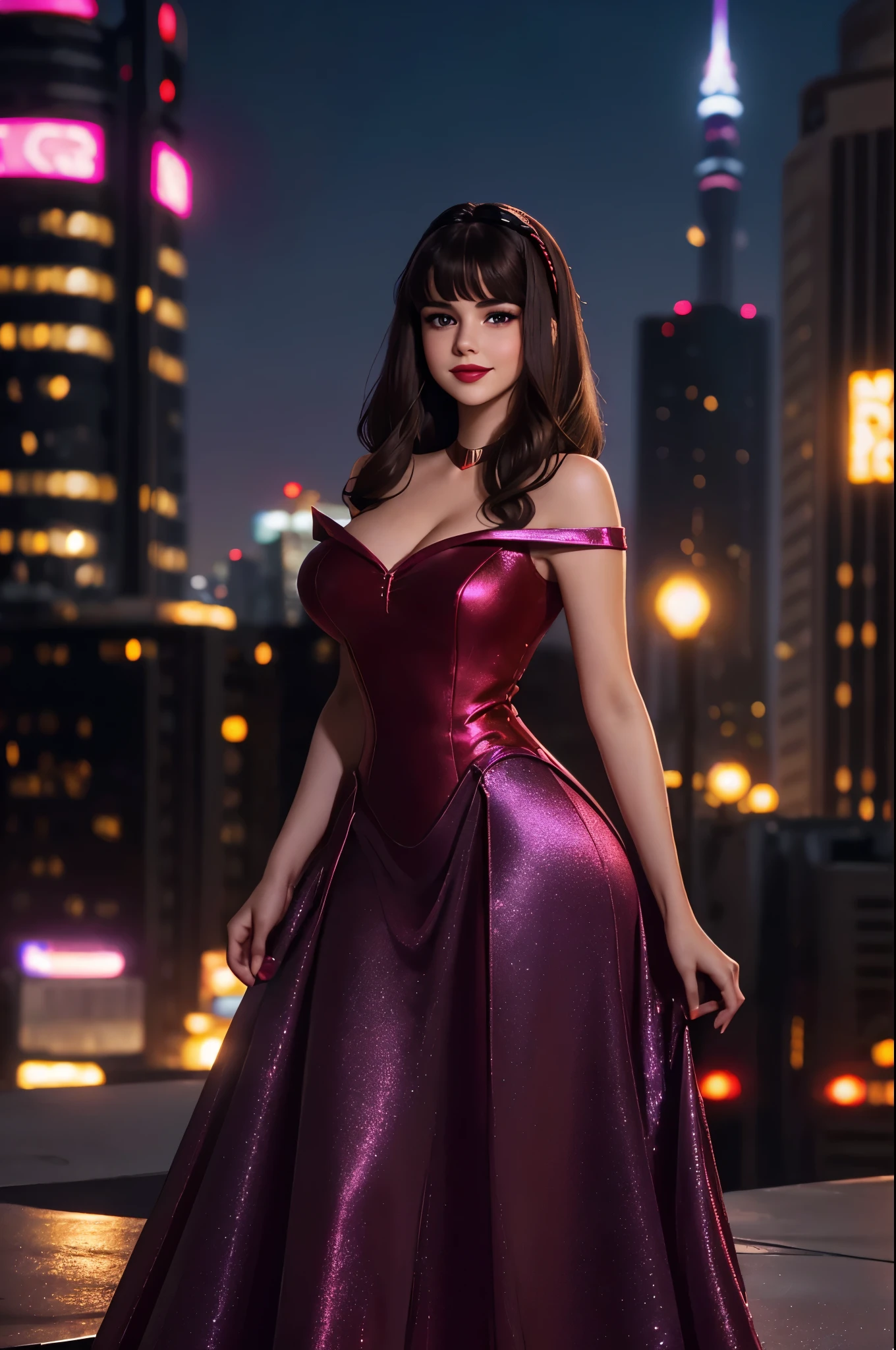 DisneyAurora 27 years old, ((( Selena Gomez:Emma Stone:0.7))) Beautiful woman (((shoulder length wavy brunette hair))) (bangs:1.2) (sparkling red dress, long skirt) iridescent clothing (purple eyes) defined body, Red lipstick, smiling, hands free, standing, high tech cyberpunk city rooftop, night, (huge_breasts:1.2) (curvy:1.2)