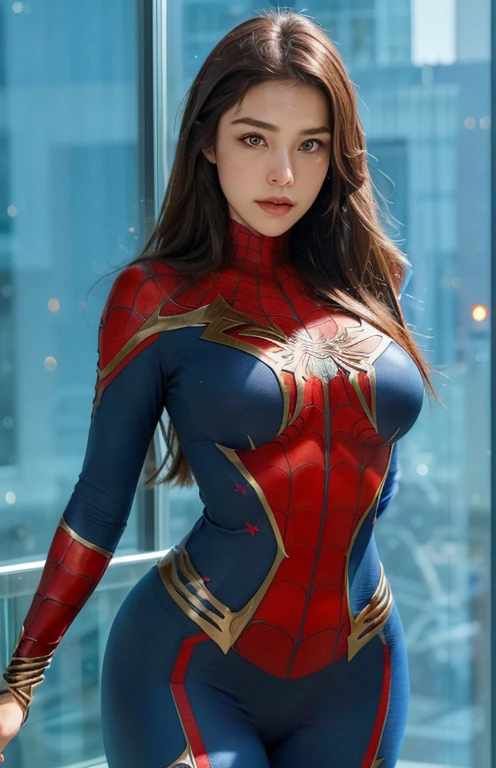 (masterpiece, best quality:1.2), 1girl, solo Beautiful woman,detailed,defined body,spider man cosplay,small breasts,beautiful detailed eyes,beautiful detailed lips,extremely detailed eyes and face,longeyelashes,(best quality,4k,8k,highres,masterpiece:1.2),ultra-detailed,(realistic,photorealistic,photo-realistic:1.37),vivid colors,HDR,studio lighting,physically-based rendering,extreme detail description,professional,portraits,spiderman costume,shiny texture,fitting tightly,subtle muscles,feminine figure,confident expression,sharp focus,luxurious long hair,striking beauty,attention-grabbing appearance,perfect makeup,tiny waist,stylish pose,playful attitude,breathtaking background,lively atmosphere,cityscape view,web-like patterns,superhero-inspired composition,bold contrast,emphasis on curves,expressive eyes,subtle smile,luminous glow,graceful movements,artistic interpretation,colorful palette,exquisite persona,impressive realism,aesthetic excellence,artistic flair.