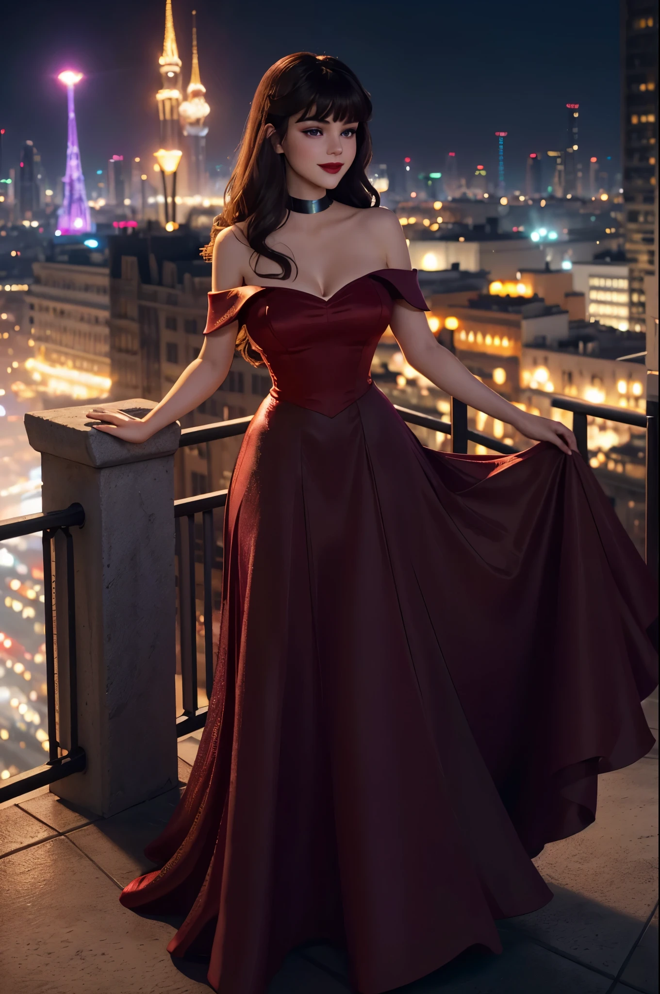 DisneyAurora 27 years old, ((( Selena Gomez:Emma Stone:0.7))) Beautiful woman (((shoulder length wavy brunette hair))) (bangs:1.2) (sparkling red dress, long skirt) iridescent clothing (purple eyes) defined body, Red lipstick, smiling, hands free, standing, high tech cyberpunk city rooftop, night, (huge_breasts:1.2) (curvy:1.2)