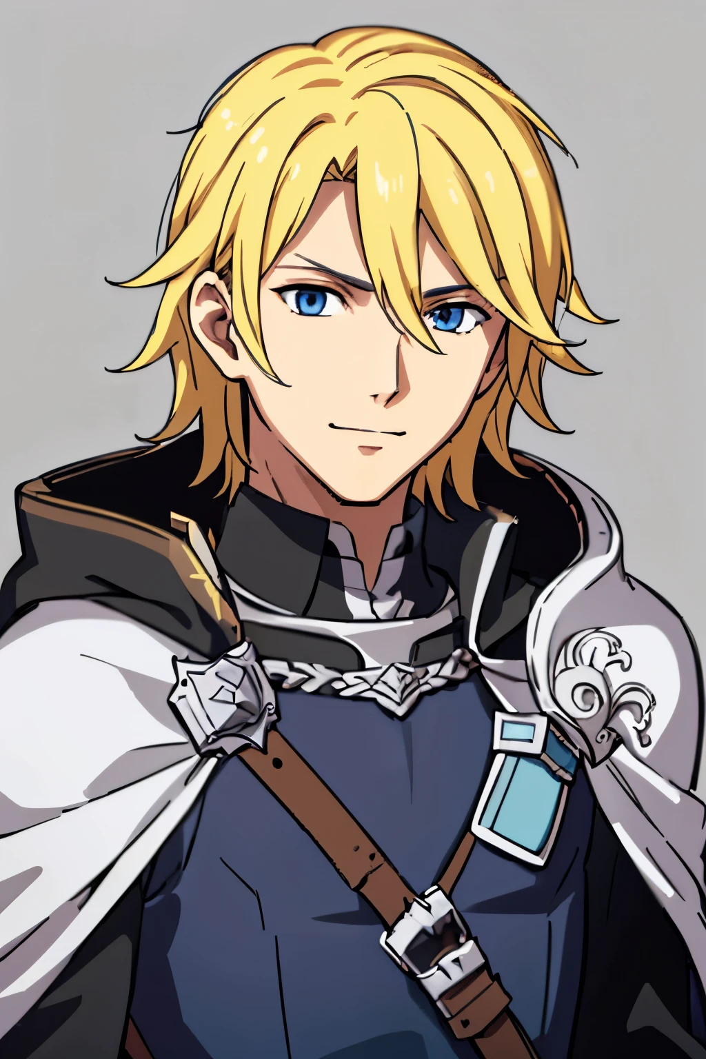 (high-quality, breathtaking),(expressive eyes, perfect face) 1boy, male, solo, portrait, young adult, age 18, Fire Emblem Awakening, Symmetrical Eyes, Fire Emblem, golden blonde hair color, short hair length, messy wavy hair, upper body, blue eyes, positive expression, charming smile, detailed eyes, blonde brown hair, narrow eyes, kind expression, benevolent prince, grey background, detailed eyes, black armor, pink trim, cape, Fire Awakening Art Style, cape over arm, breastplate 
