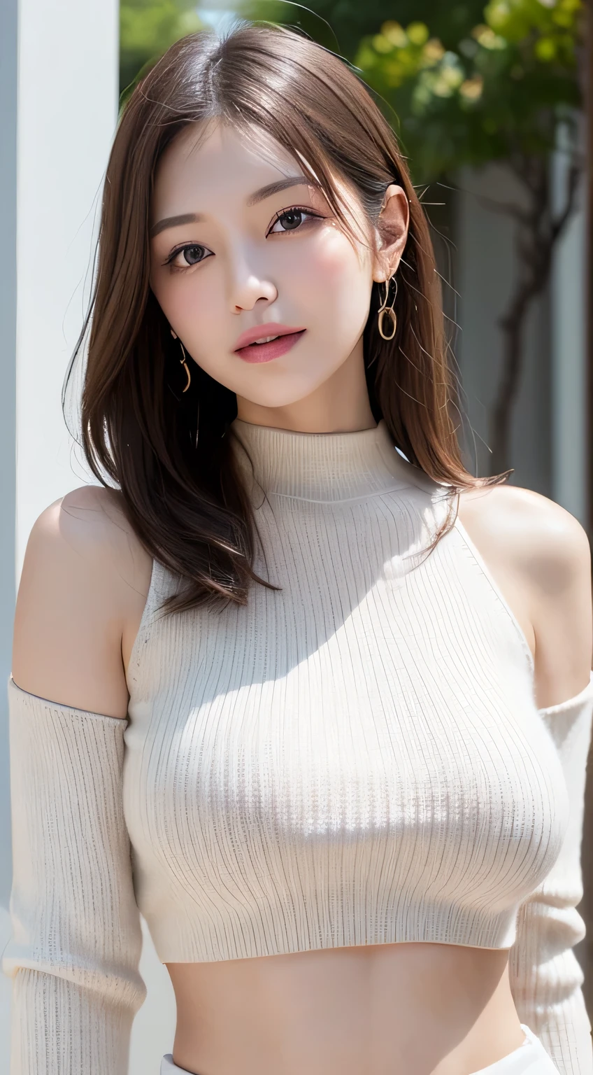 Tabletop, highest quality, Photorealistic, In detail, High resolution, 8k wallpaper, Perfect dynamic composition, Beautiful fine details, Medium Hair, Big ample breasts, Random sexy poses,Put your chest together、(Open Chest Mock Neck Crop Tank Top White Knitwear Clear Crabbe)、(Breast Swelling 1.2)、Laughter、Open your mouth、Resort scenery、Age 25、(Droopy Eyes 1.4)、Adult Beauty、Japanese