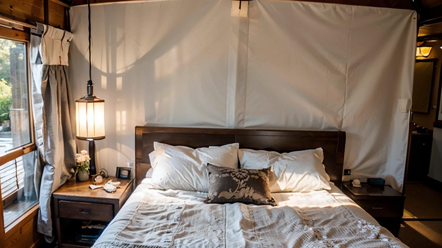 Create a realistic interior image of a glamping tent designed with a Japanese Zen aesthetic. Inside the tent, include one queen-size bed with simple, clean bedding in neutral colors. Above the bed, hang a cozy pendant light with a minimalist design.The overall ambiance should be calm and serene, inviting relaxation. The interior should harmoniously blend modern comfort with traditional Japanese elements. good lighting in Japanese modern concept
