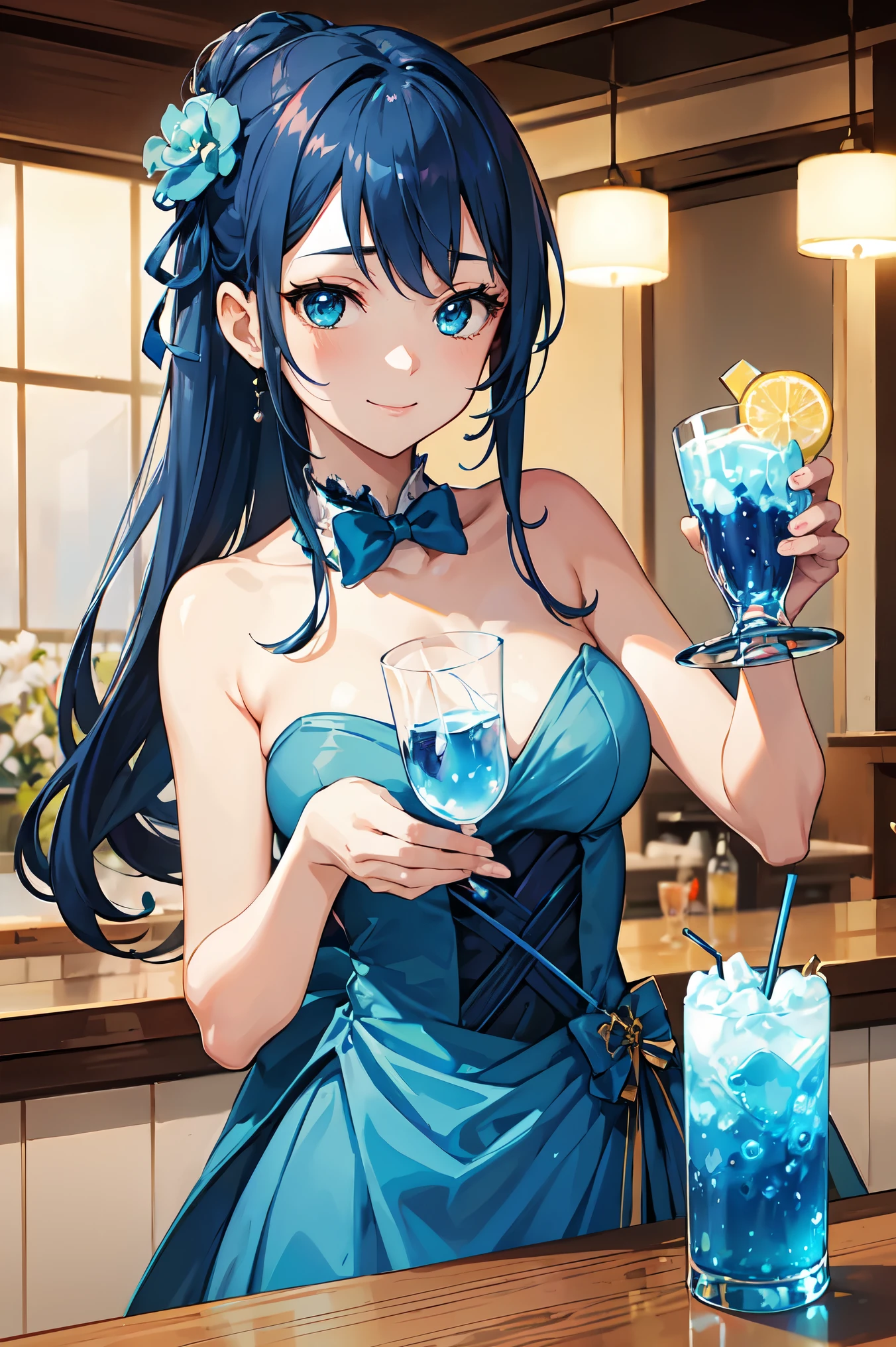 Close-up of Blue Fizz cocktail art displayed on a bar counter illuminated at night, High quality waifu movie anime with avant-garde fashion style, A droopy-eyed Japanese idol girl is smiling while holding a cocktail glass. Shaker on the counter. Blue Refraction