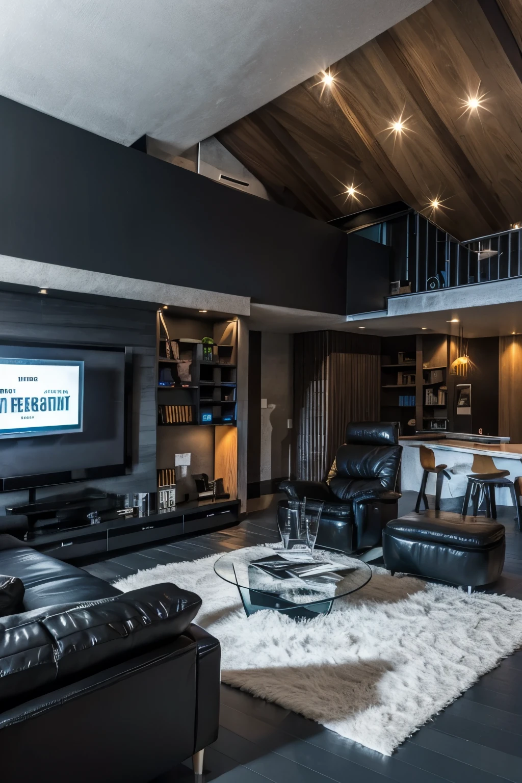 A corner of a peaked attic，With table and monitor，bookcase，sofas, etc，There is a strong atmosphere of games and painting，Need to live broadcast，Very personalized design