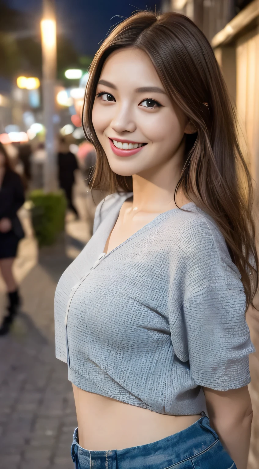 ((Realistic lighting, highest quality, 8k, masterpiece: 1.3)), concentrated: 1.2, One Japanese girl, Perfect figure: 1.4, Slim Abs: 1.1, ((Dark brown hair,whole body)), (Street fashion: 1.4), (Outdoor, night: 1.1), street, Very beautiful face, Beautiful Eyes, double eyelid,Dimples,A kind smile,