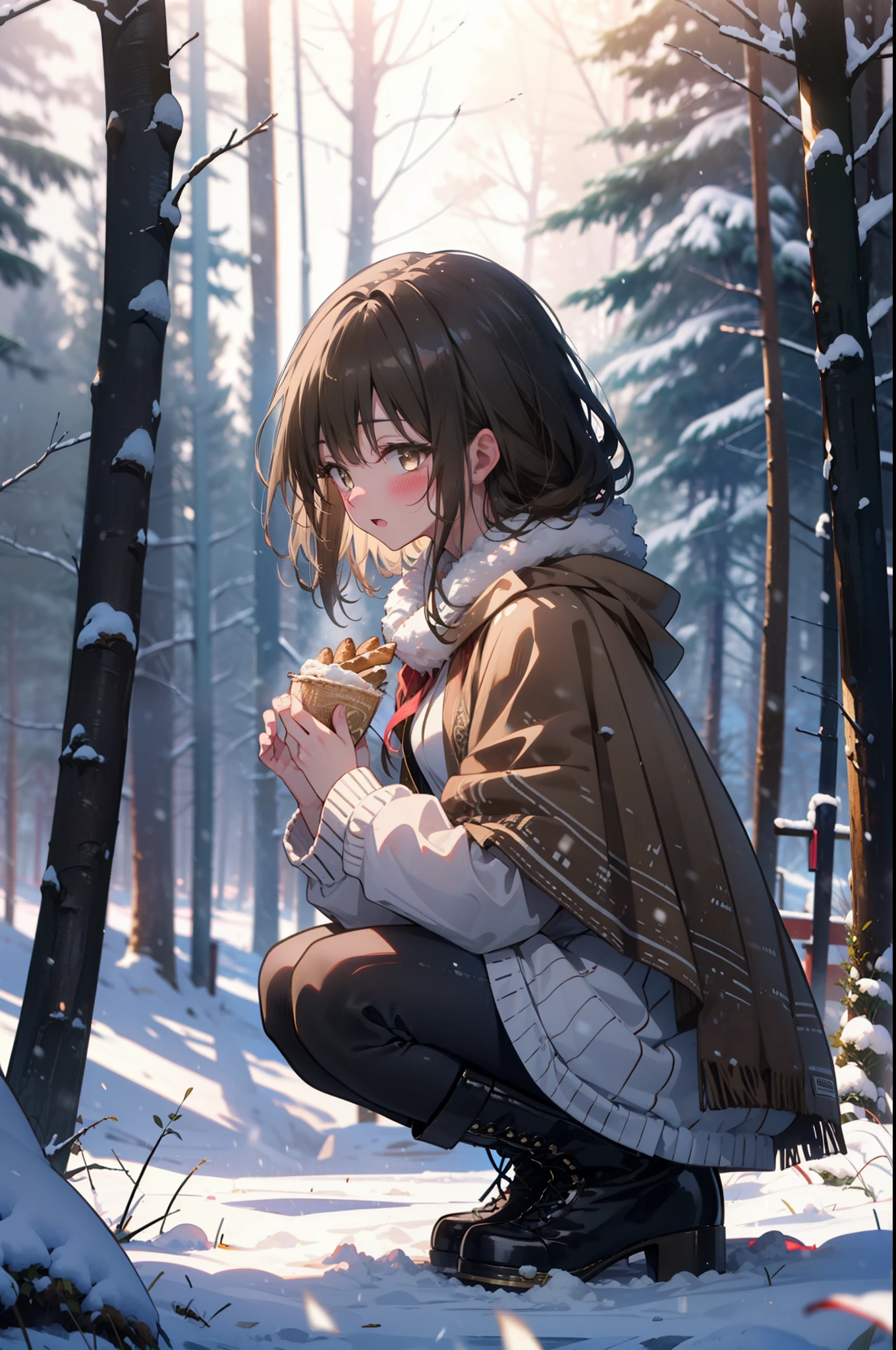 yuikotegawa, Yui Kotegawa, Black Hair, (Brown eyes:1.5),blush,White Breath,
Open your mouth,snow,Ground bonfire, Outdoor, boots, snowing, From the side, wood, suitcase, Cape, Blurred, having meal, forest, White handbag, nature, Squat, Mouth closed, Cape, winter, Written boundary depth, Black shoes, red Cape break looking at viewer, Upper Body, whole body, break Outdoor, forest, nature, break (masterpiece:1.2), highest quality, High resolution, unity 8k wallpaper, (shape:0.8), (Beautiful and beautiful eyes:1.6), Highly detailed face, Perfect lighting, Extremely detailed CG, (Perfect hands, Perfect Anatomy),