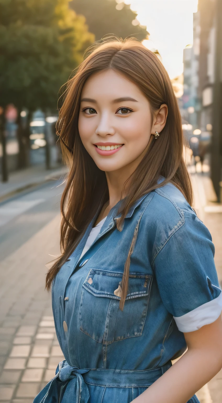 ((Realistic lighting, highest quality, 8k, masterpiece: 1.3)), concentrated: 1.2, One Japanese girl, Perfect figure: 1.4, Plump: 1.1, ((Light Brown Hair,whole body)), (Street fashion: 1.4), (Outdoor, Magic Hour: 1.1), street, Very beautiful face, Beautiful Eyes, double eyelid,Dimples,A kind smile,
