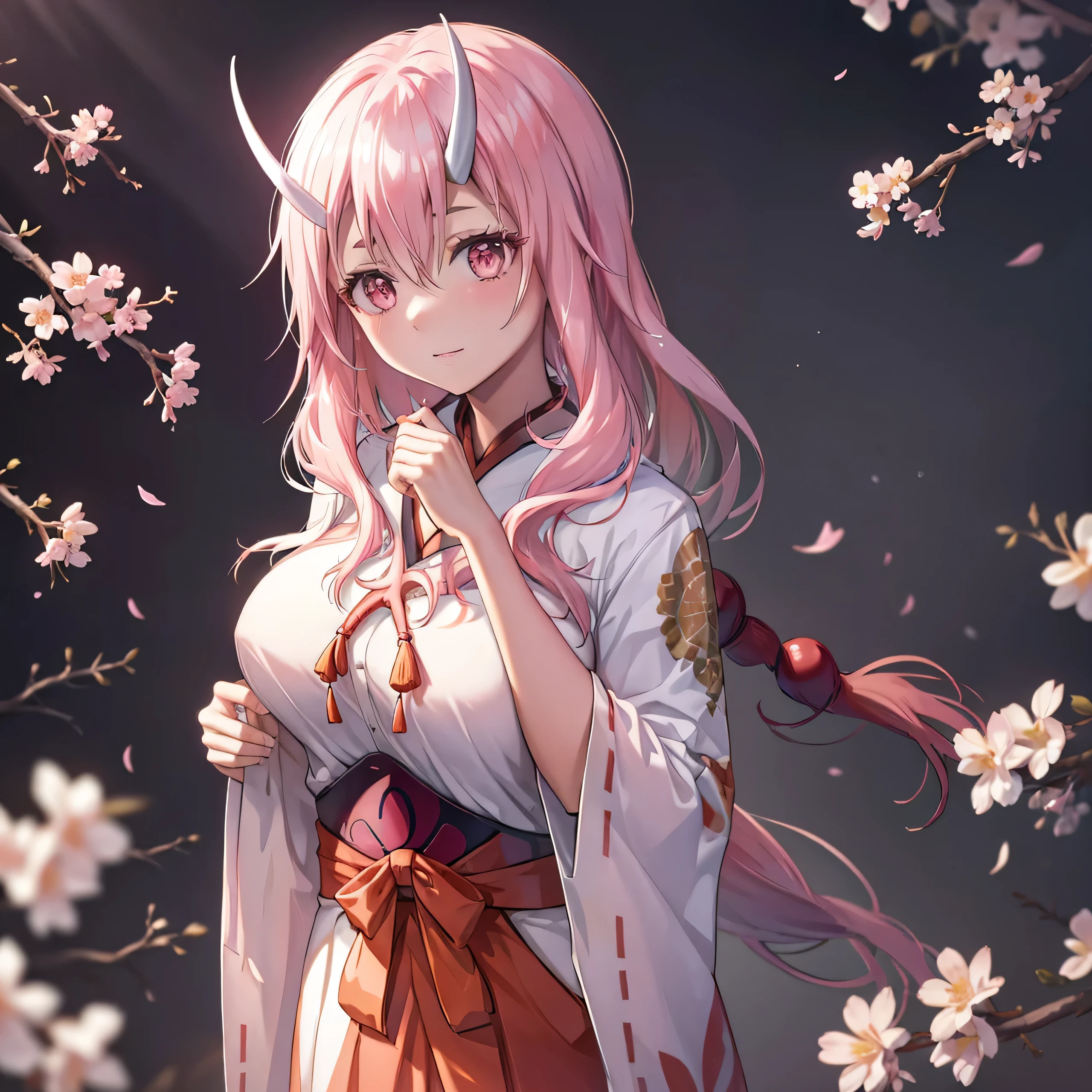 1girl, solo, masterpiece,extremely detailed CG unity 8k wallpaper,1girl, beautiful, realistic, ,, branch, plum blossom, depth_of_field, flower, jewelry, nose, realistic, solo,chinese clothes,fingers hidden, arms hidden, Shuna, pink hair, oni horns, white horns, pink eyes, long hair, sidelocks, hair between eyes