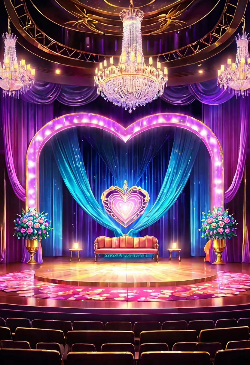 Idol stage,Neon,((舞台light)),Colorful,vase,Flowers,curtain,crystal Light,Heart shaped stage curtain and benches,Ballroom Background,Stage Background,chandelier,Anime Background Art Style Anime,Kingdom of Light Background,dazzling stage,Stadium Background,Colorful anime background,Stunning and mysterious,sh,light,Colorful,light照在地板上