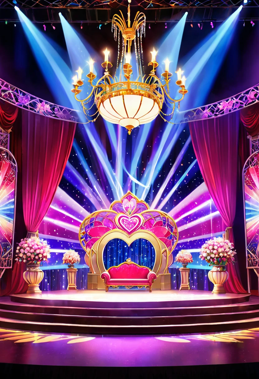 Idol stage，Neon，((舞台light))，Colorful，vase，Flowers，curtain，crystal Light，Heart shaped stage curtain and benches，Ballroom Background，Stage Background，chandelier，Anime Background Art Style Anime，Kingdom of Light Background，dazzling stage，Stadium Background，Colorful anime background，Stunning and mysterious，****sh，light,Colorful，light照在地板上