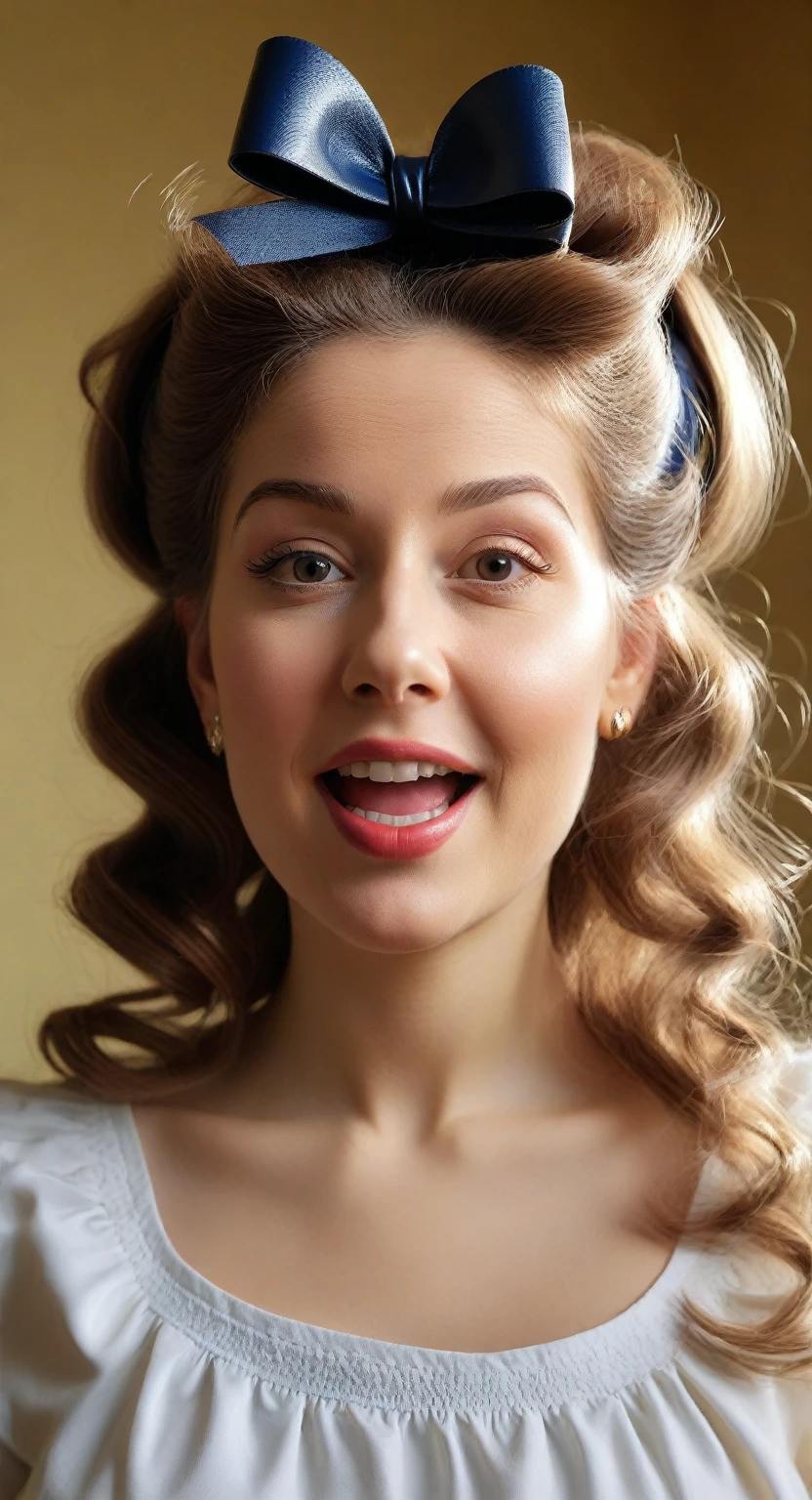 drill hair, curtained hair, lock of hair, Big hair, medium hair, hairband with bow, Heart-shaped pupils, raised eyebrows, smile, wrinkled lips, surrealism, Renaissance, award winning raw photography, style гиппердетализации, from influence of Steven Spielberg, cinematic lighting, depth of field, divine rays, falling shadow, Fujikos, вид first person, first person, wide angle, натуралистичный style, surrealism, UHD, retina(retina: 1.49), masterpiece, accurate, Textured leather, High detail, a high resolution, 16 thousand.(masterpiece, accurate, Textured leather, High detail, a high resolution, 16 thousand.: 1.49)