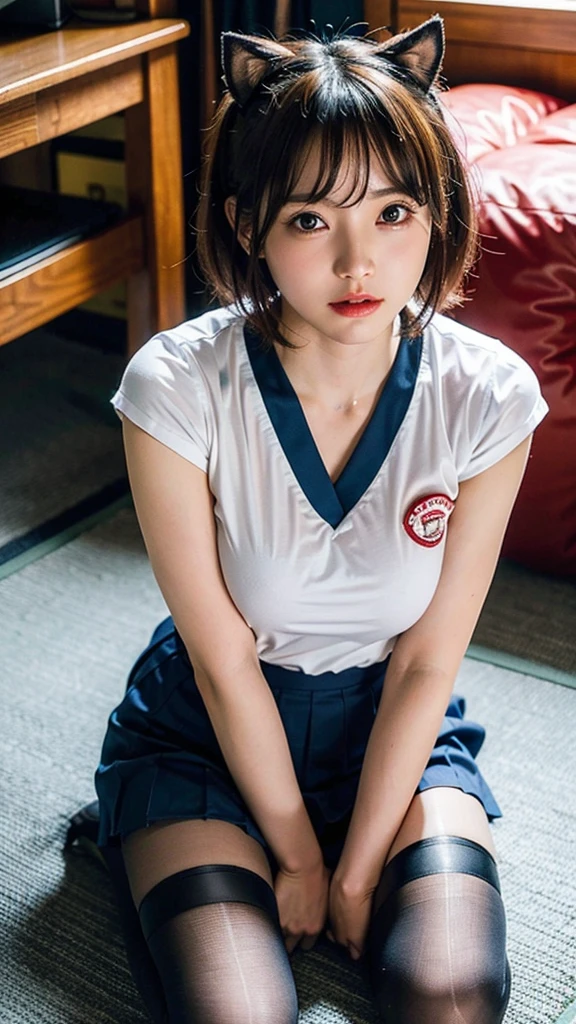 ULZZANG-6500-v1.1, (RAW PHOTO:1.2), (photot-REALISTIC,:1.4), ((Take a picture with the camera from above、Looking up、staring at camera、Gazing from above with a camera、Take a photo from the top direction))beautiful detailed girls, highly detailed eyes and faces, Beautiful Detailed Eyes, s ridiculous, unbelievably ridiculous, Huge File Size, Super Detailed, Highres, very detail, sthe highest qualit, Master peace、, Kemomimi, ((Japanes girl' high school uniform)), An illustration, very detail, ltso, unification, 8k wallpaper, Splendid, Fine details, Master peace、, sthe highest qualit, very detailなltsoユニフォーム8k wallpaper, Light on the face、Movie lighting、18 year old girl、((witheout panties))、((dynamic posing)))、(camel toes)、(Half)、(pantyhose、、、、、、)、(Sitting on legs bending the knees))、short haired、ple short hair、long neck、Put your ears out、bangs、bigger eyes、Lashes、a Pretty、Very cute big breasts
