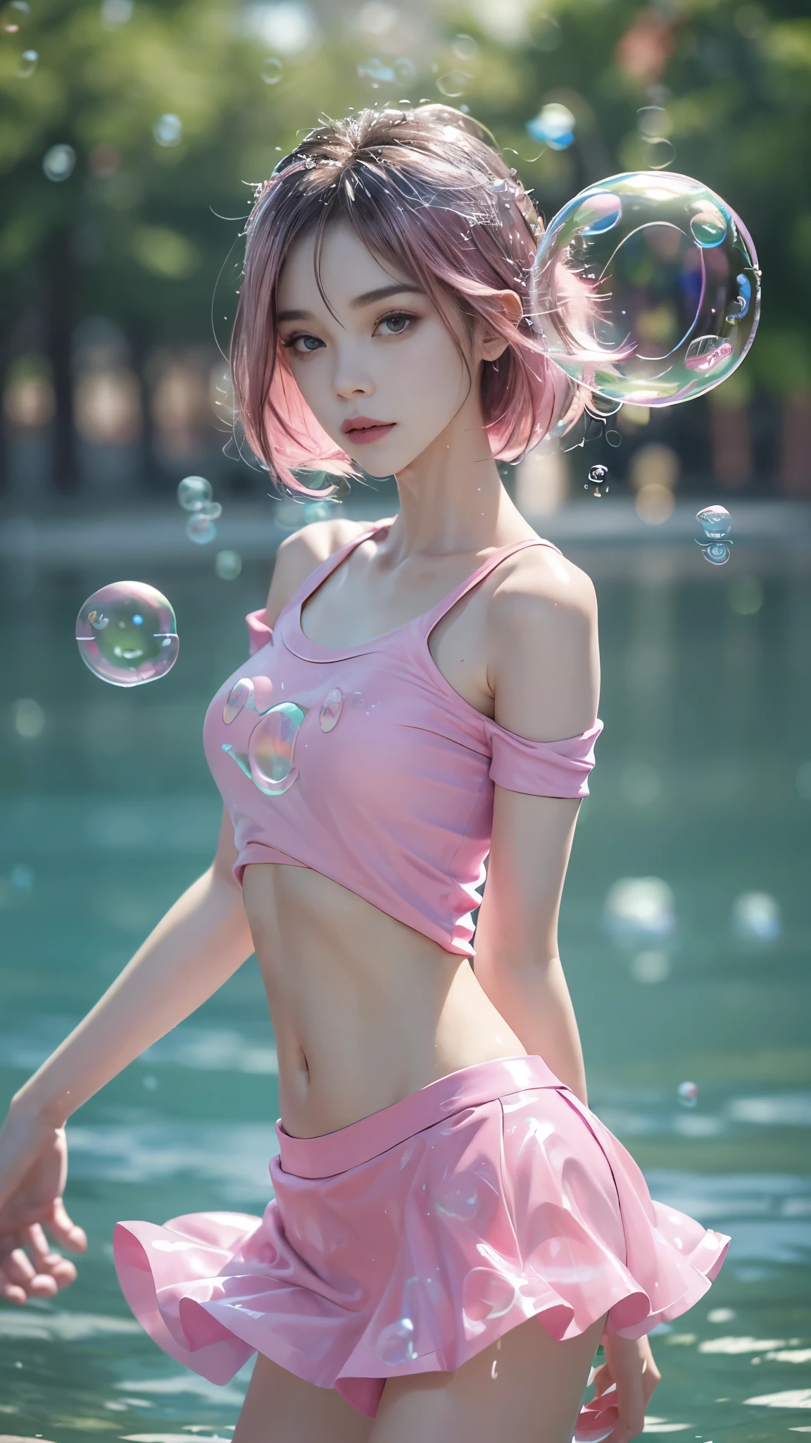 8K, ultra hd, masterpiece, 1 girl, 18 years old, slim body, ribs, bones, happy face, long hair, detailed eyes, detailed lips, small breasts, (bubble cosplay:1.5), ((pink mini skirt)), (pink t-shirt:1.5), strap T-shirt, ((bare shoulder)), ((bare stomach)), loops, straps, realistic shadow, sea, morning, ((bubble:1.5)), (water bubbles:1.5), water, beautiful, rain, realistic water, water reflection, RTX 4090, ray tracing, bloom, bokeh, underwater,