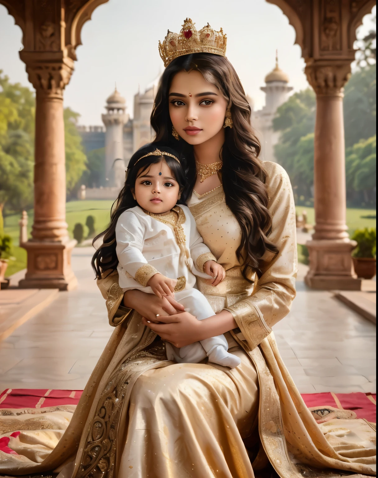 a woman in a gold dress holding a baby in a palace, of indian princess, biopic, maternal photography 4 k, trending ,, princess portrait, indian empress, portrait painting of a princess, india, regal pose, dressed as a queen, fanart, netflix, with jesus, disney artist, photo of a beautiful, disney photo realistic, simba, with a kid