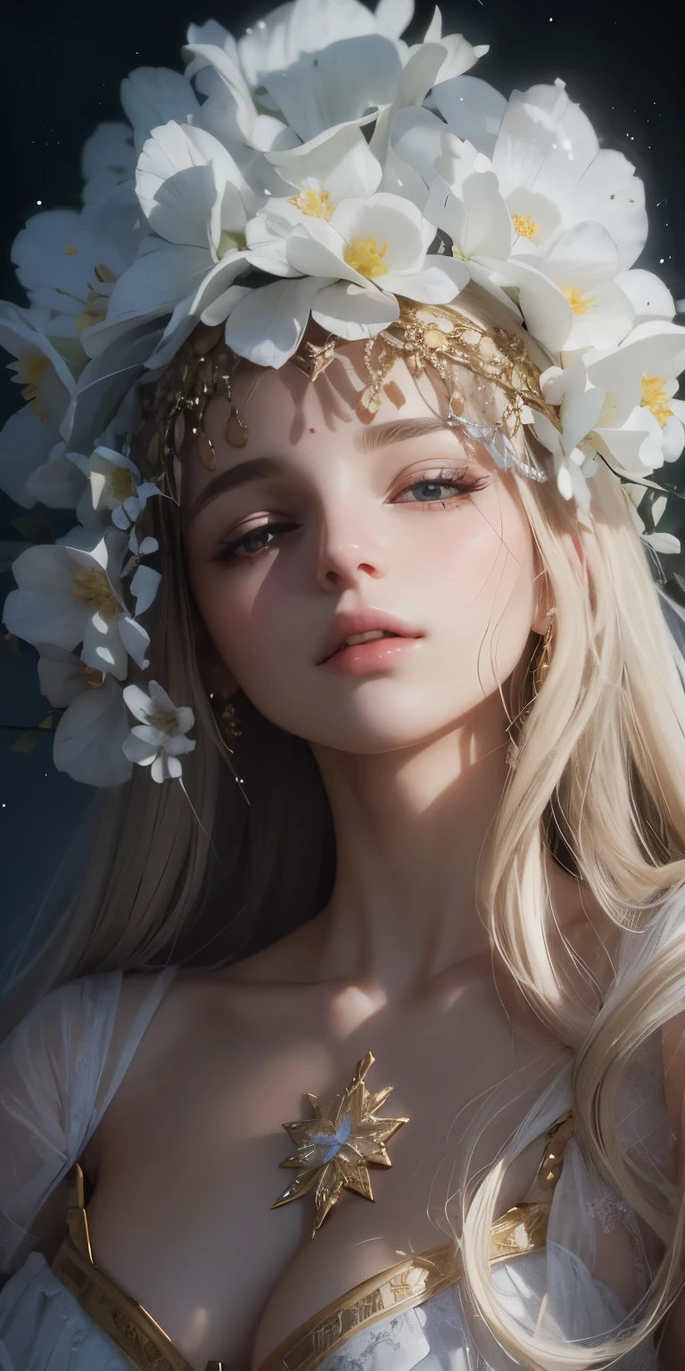 fantasy, Holy Virgin, Goddess, day, gardens, girl, sweet face, with long pale blonde hair, in a light open white dress with diamonds on the fabric, open shoulders, expressive breasts, gorgeous, face looks like Natalie Portman, HD