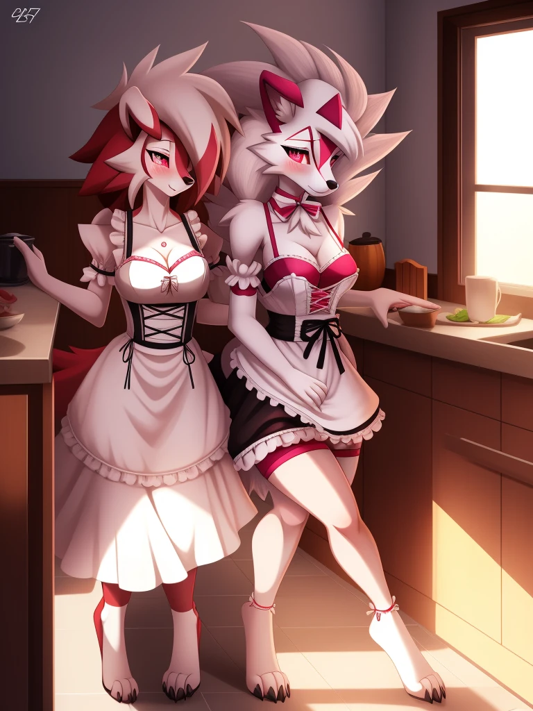 Lycanroc,furry,Bust 87,Waist 57,Thigh 86,Good resolution,kitchen,Pink bikini, maid outfit,Good light and shadow details,shade,sexy body,blushing