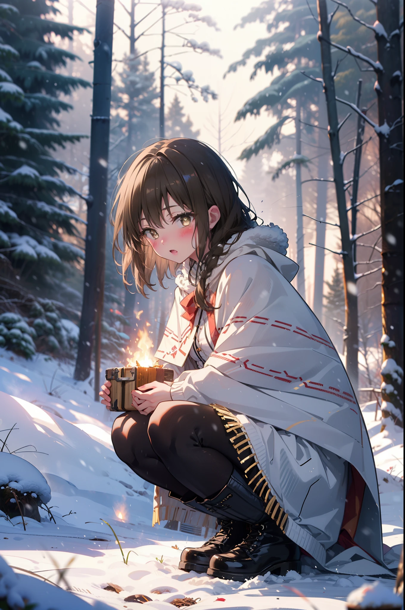yuikotegawa, Yui Kotegawa, Black Hair, (Brown eyes:1.5),blush,White Breath,
Open your mouth,snow,Ground bonfire, Outdoor, boots, snowing, From the side, wood, suitcase, Cape, Blurred, having meal, forest, White handbag, nature, Squat, Mouth closed, Cape, winter, Written boundary depth, Black shoes, red Cape break looking at viewer, Upper Body, whole body, break Outdoor, forest, nature, break (masterpiece:1.2), highest quality, High resolution, unity 8k wallpaper, (shape:0.8), (Beautiful and beautiful eyes:1.6), Highly detailed face, Perfect lighting, Extremely detailed CG, (Perfect hands, Perfect Anatomy),