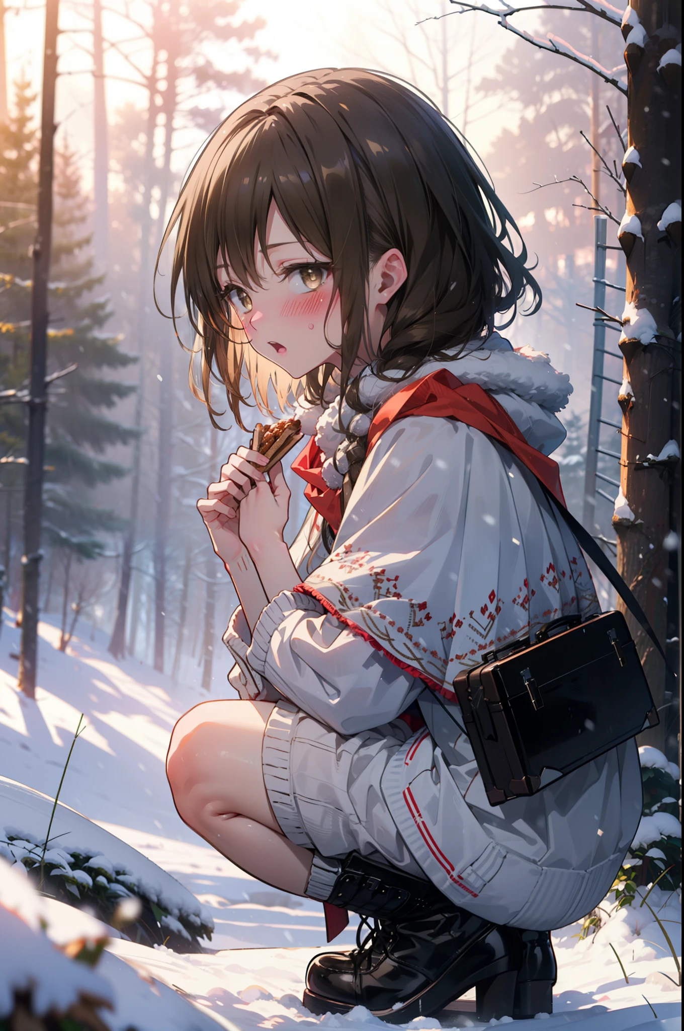 yuikotegawa, Yui Kotegawa, Black Hair, (Brown eyes:1.5),blush,White Breath,
Open your mouth,snow,Ground bonfire, Outdoor, boots, snowing, From the side, wood, suitcase, Cape, Blurred, having meal, forest, White handbag, nature,  Squat, Mouth closed, Cape, winter, Written boundary depth, Black shoes, red Cape break looking at viewer, Upper Body, whole body, break Outdoor, forest, nature, break (masterpiece:1.2), highest quality, High resolution, unity 8k wallpaper, (shape:0.8), (Beautiful and beautiful eyes:1.6), Highly detailed face, Perfect lighting, Extremely detailed CG, (Perfect hands, Perfect Anatomy),