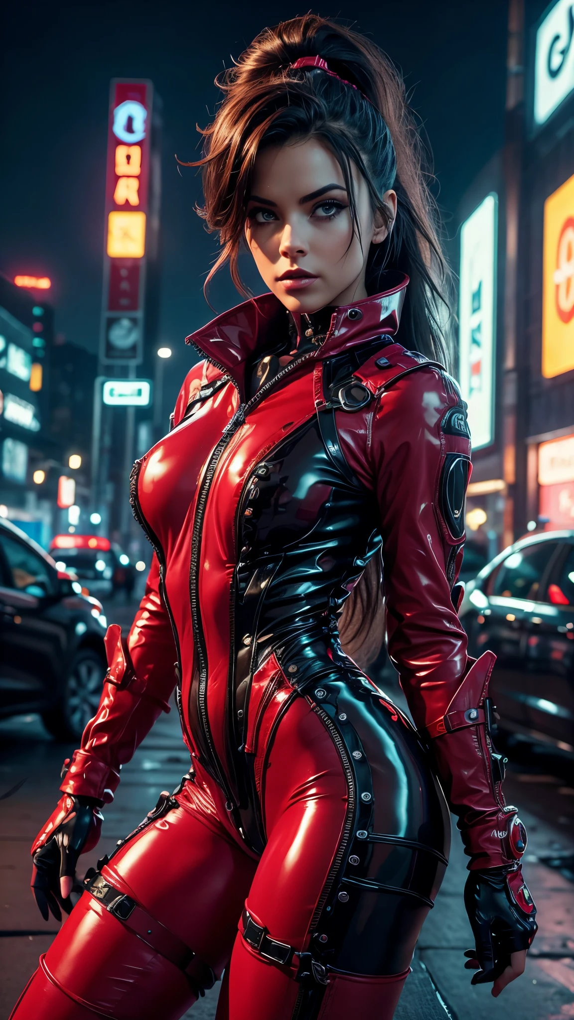 solo, super fine photo, portrait Unreal Engine 5 8K HD of malicious gothic girl, crouched in a tight red latex suit, pose, elegante traje negro, black iconic character, CLORURO DE POLIVINILO, futuristic shiny latex suit, traje de goma, cinturones de goma, Cuello, guante de goma, botas altas de goma, cuffs for arms and legs, correas, mejor calidad, Obra maestra, arte oficial. dynamic pose, en una ciudad ciberpunk, neon, condujo, fumar, escena de la noche estrellada de invierno. perfect anatomy, cabello perfecto, pecho perfecto, ((pechos grandes)), cuerpo perfecto, manos perfectas, cara perfecta, ojos perfectos, Preciso, anatomically correct, enfoque perfecto, clear and sharp, HD, Obra maestra.