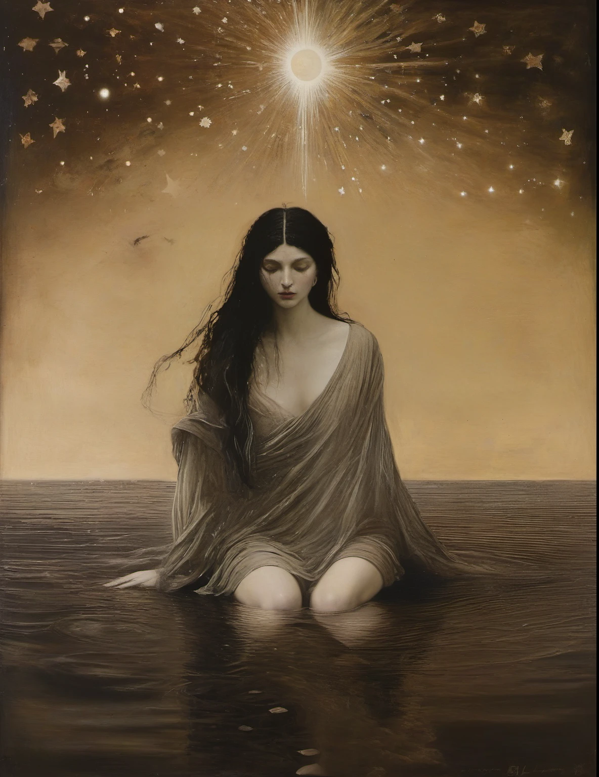 James Gurney, Surrealist art , dream-like, Mysterious, Provocative, symbolic, Complex, detailed,, (Gothic but very beautiful:1.4), (masterpiece, highest quality:1.4) , Nicola Samori Style, A woman kneeling by the water; One foot in the water、One foot is on land. Water flows into the river from a water bottle held by a woman、There is a big star above her head, Showing her true essence, And seven little stars, Represents the chakras