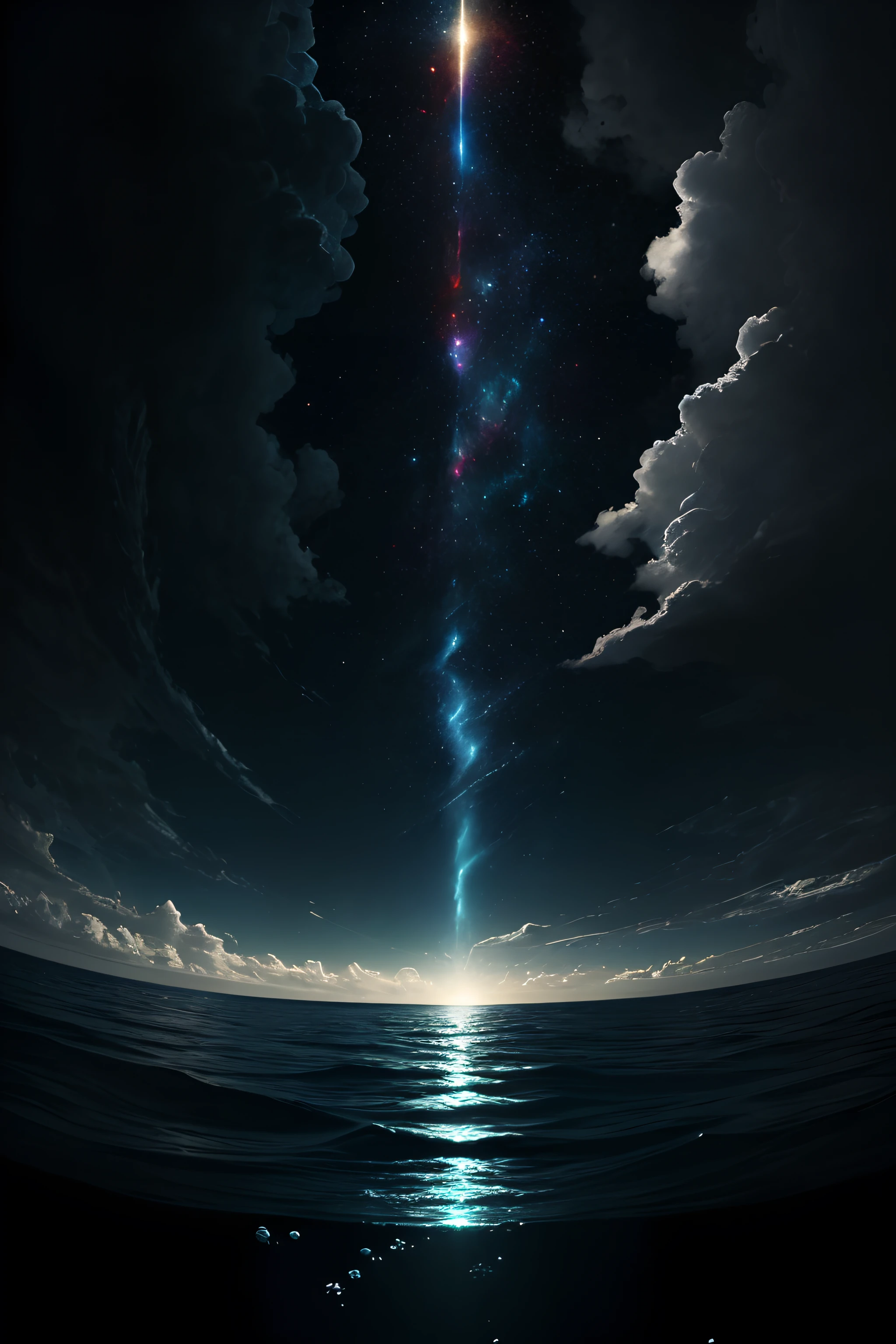 The image shows a magnificent panorama of a vast ocean stretching to the horizon, Takes up most of the screen.
The sky above is deep blue, The sun begins to shine on the water.
a sharp object, Curved dividing line, Like a watercolor painting, Pass through the center of the screen, Represents the separation of upstream and downstream waters. This line is composed of light blue and dark blue, In sharp contrast.
At the top of the image, Fluffy white clouds begin to form, Suggesting atmosphere and celestial bodies.
at the bottom, In the deepest water, One can glimpse the subtle outlines of marine life, Like fish,Even whales, Symbolizes life in the ocean.
The border of the dividing line shows a color gradient, Make the transition between water areas more impressive.