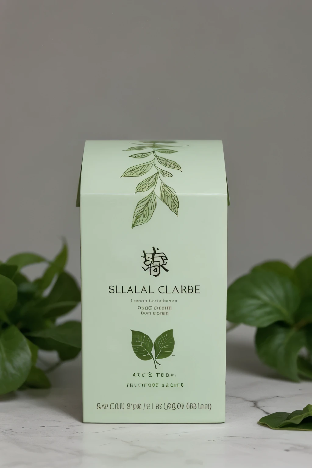 Design a sleek and modern box for Banaba Tea, featuring a minimalist aesthetic to appeal to health-conscious consumers. The box should prominently display the brand logo and name on the front, with a calming green color scheme to evoke the natural essence of the tea. Incorporate subtle leaf patterns or botanical accents for visual interest. Include clear brewing instructions and the net weight of the tea on the back of the box. Keep the design clean and organized, emphasizing simplicity and elegance.