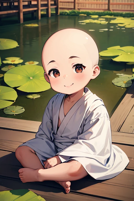 3 year old bald monk,Wearing a white robe,Chubby little face,Big round eyes,High nose bridge,With a smile,They were holding hands.,sit cross-legged on a lotus。Garden with Japan background