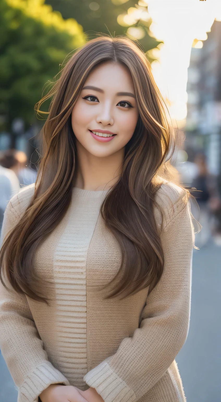 ((Realistic lighting, highest quality, 8k, masterpiece: 1.3)), concentrated: 1.2, One Japan idol, Plump: 1.1, ((Light Brown Hair,whole body)), (Revealing fashion: 1.4), (Outdoor, Magic Hour: 1.1), street, Very beautiful face, Beautiful Eyes, double eyelid,Dimples,A kind smile,