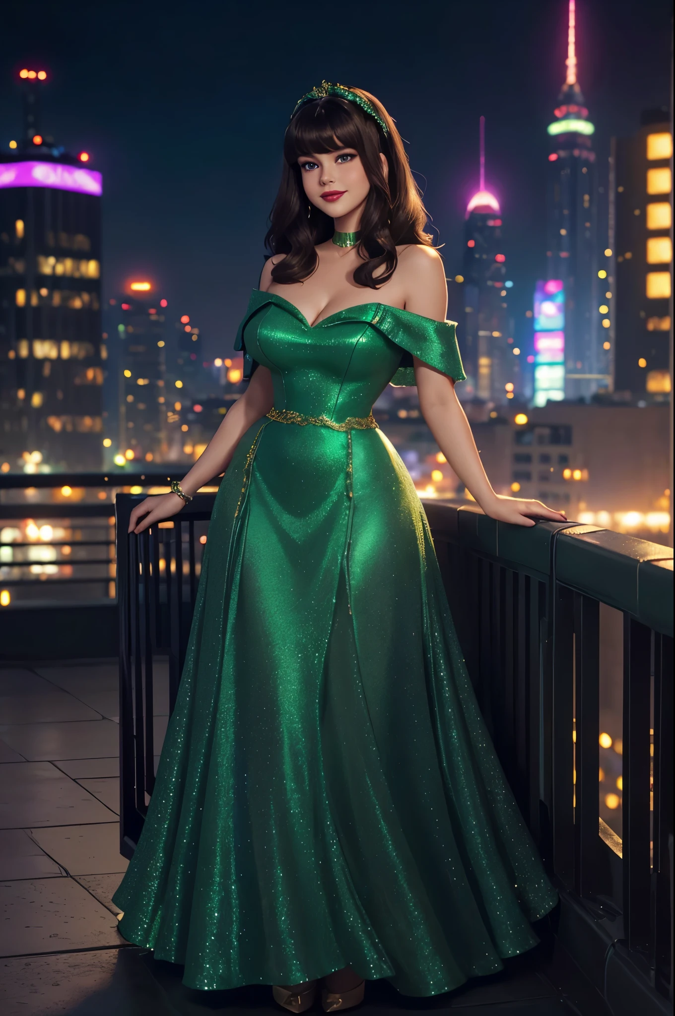 DisneyAurora 27 years old, ((( Selena Gomez:Emma Stone:0.7))) Beautiful woman (((shoulder length wavy brunette hair))) (bangs:1.2) (sparkling green dress, long skirt) iridescent clothing (purple eyes) defined body, Red lipstick, smiling, hands free, standing, high tech cyberpunk city rooftop, night, (huge_breasts:1.2) (curvy:1.2)