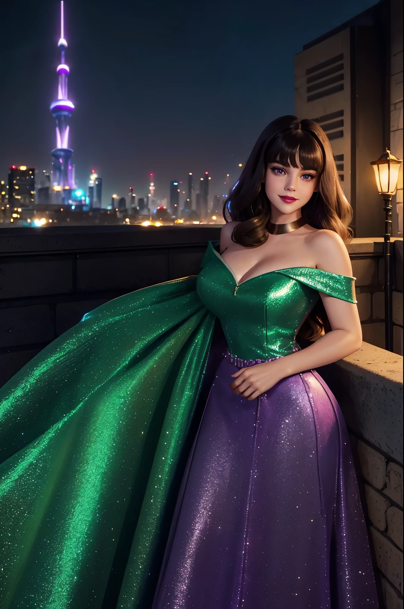 DisneyAurora 27 years old, ((( Selena Gomez:Emma Stone:0.7))) Beautiful woman (((shoulder length wavy brunette hair))) (bangs:1.2) (sparkling green dress, long skirt) iridescent clothing (purple eyes) defined body, Red lipstick, smiling, hands free, standing, high tech cyberpunk city rooftop, night, (huge_breasts:1.2) (curvy:1.2)