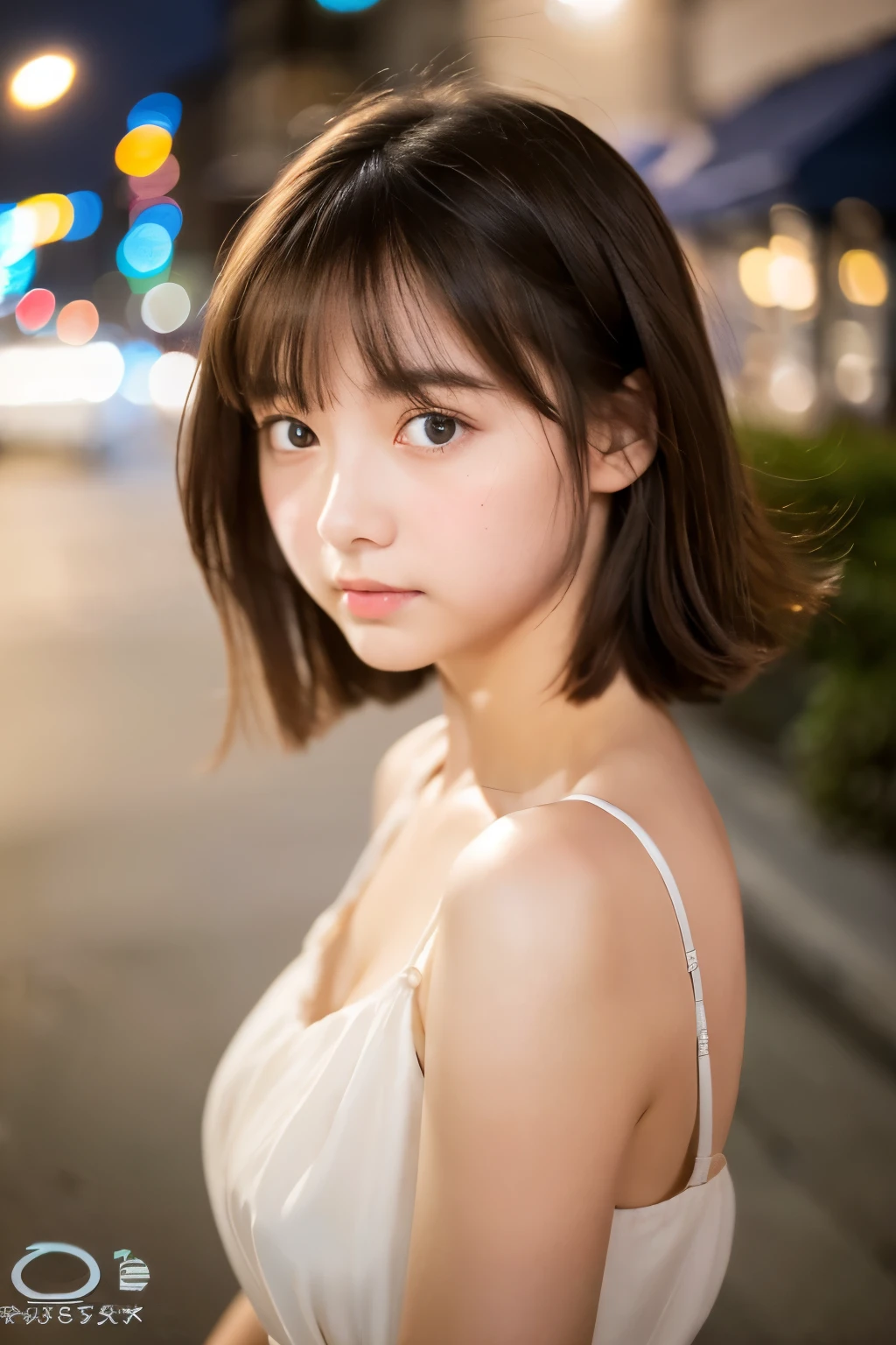 (masterpiece, top quality, raw photo,), movie scene, night town, beautiful girl, (delicate eyes, cute lips), (15 years old), (white dress), brown eyes, with bangs, short hair, (innocent), light makeup, (cute face, embarrassed face), innocent girl, delicate face, dynamic, air movement, strong wind
