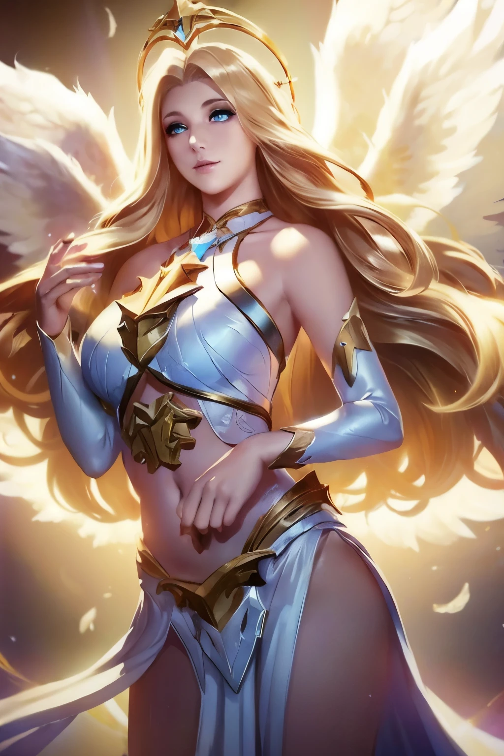 1girl, angel, angel wings, bare shoulders, blonde hair, breasts, dress, feathered wings, halo, jewelry, long hair, big breasts, white wings, wings, a beautiful woman with angel wings and a halo around her neck and a cup of tea in her hand, Epsylon Point, league of legends splash art, a detailed painting, fantasy art, (masterpiece, best quality:1.5), open belly, 