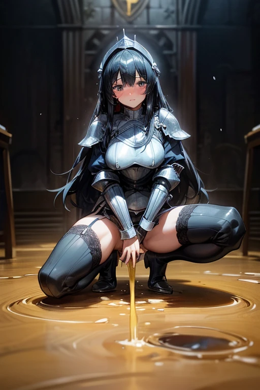 Only One Woman、Black Hair、Long Hair、Large Breasts、female knight、（Wearing black armor、Wearing stockings、garter belt）、(((Incontinent))), (((Peeing))), (((Peeing on your own))), (Pee drips from the crotch), Pee stains, (puddle), In front of the crowd、（squat、Spread your legs、Show your crotch）、（Humiliated、Embarrassing）