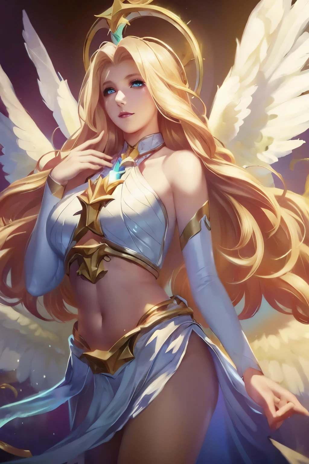 1girl, angel, angel wings, bare shoulders, blonde hair, breasts, dress, feathered wings, halo, jewelry, long hair, big breasts, white wings, wings, a beautiful woman with angel wings and a halo around her neck and a cup of tea in her hand, Epsylon Point, league of legends splash art, a detailed painting, fantasy art, (masterpiece, best quality:1.5), open belly, 