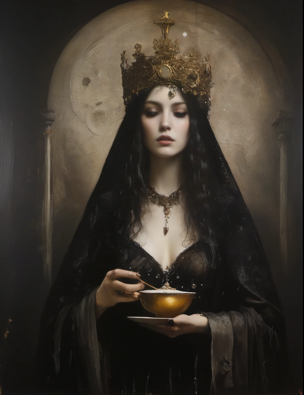 James Gurney, Surrealist art , dream-like, Mysterious, Provocative, symbolic, Complex, detailed,, (Gothic but very beautiful:1.4), (masterpiece, highest quality:1.4) , Nicola Samori Style, Queen of Cups
